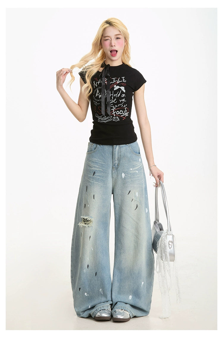 Ink-Splashed Ripped Jeans