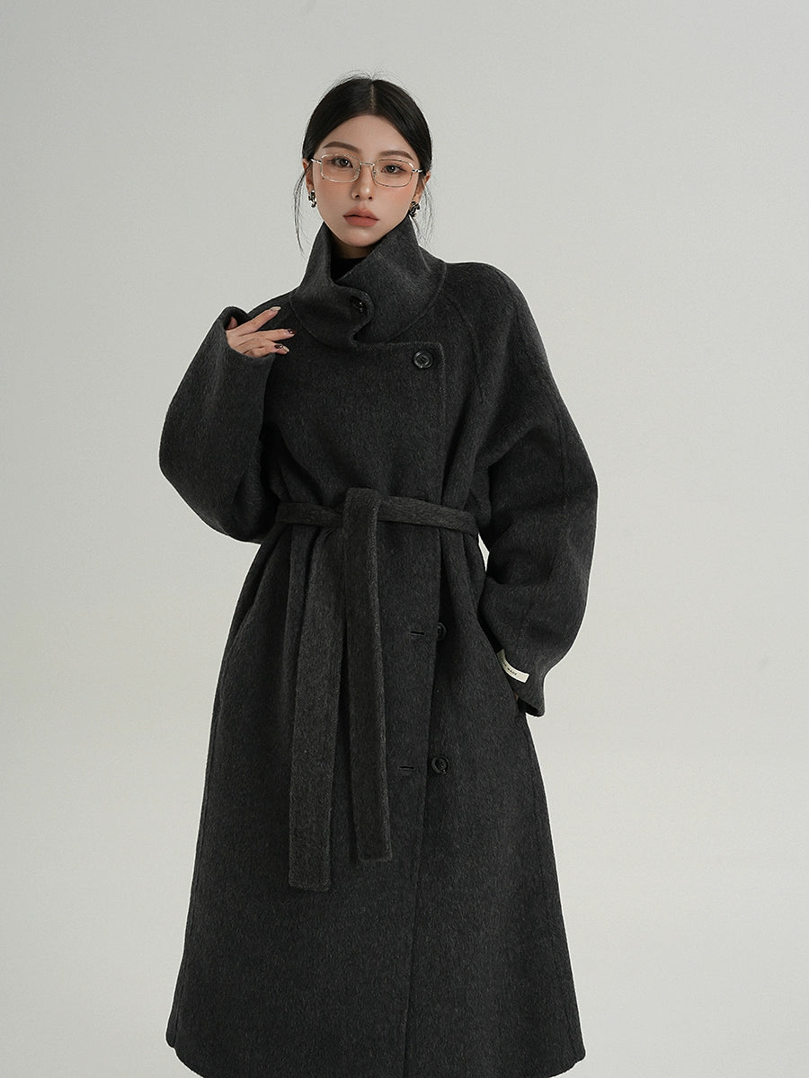 Premium Temperament Stand Collar Grey Long Coat