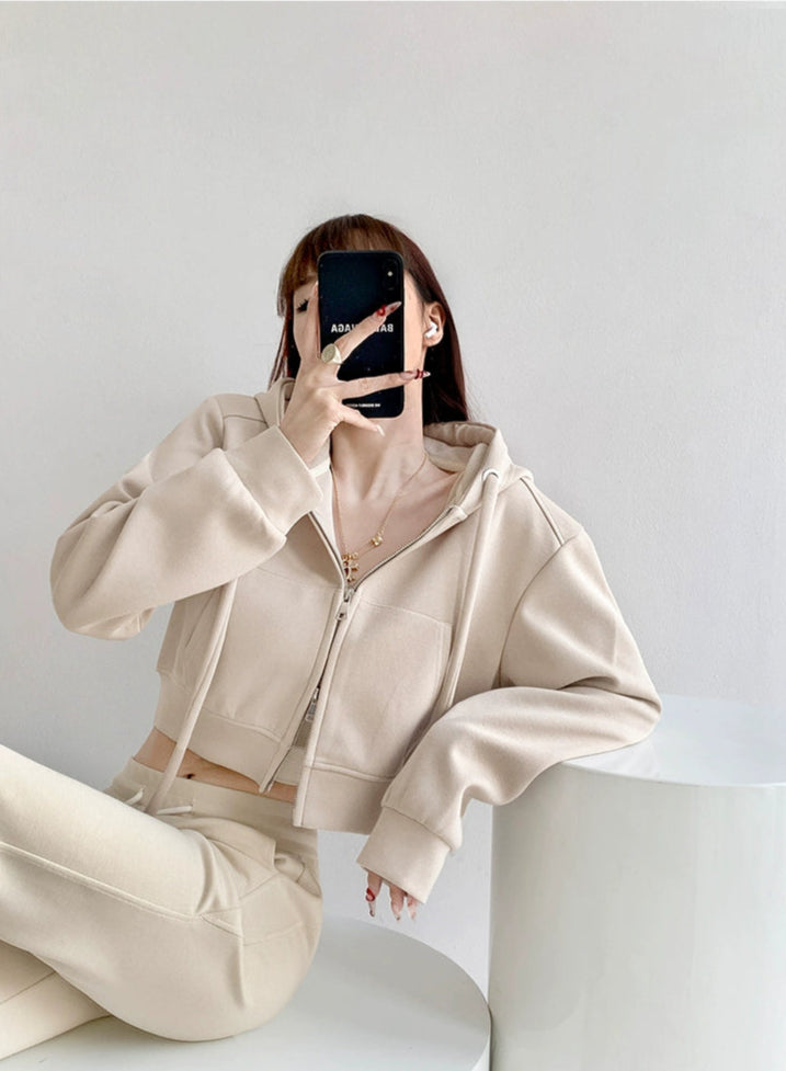 Casual Crop Top Zipper Hooded Jacket