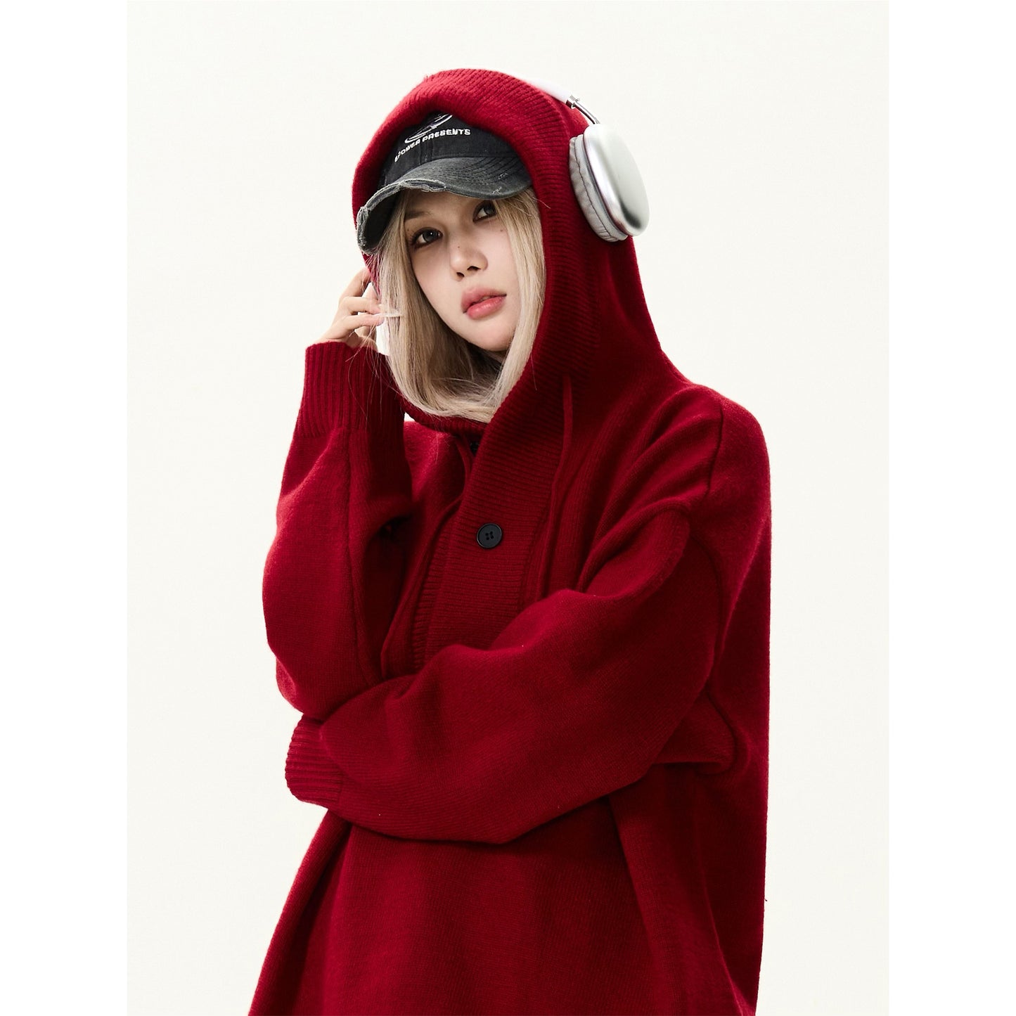 Unisex Half Cardigan Button-Down Hooded Sweater