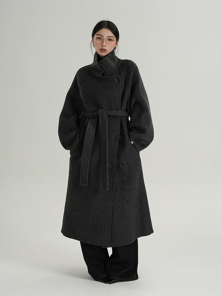Premium Temperament Stand Collar Grey Long Coat
