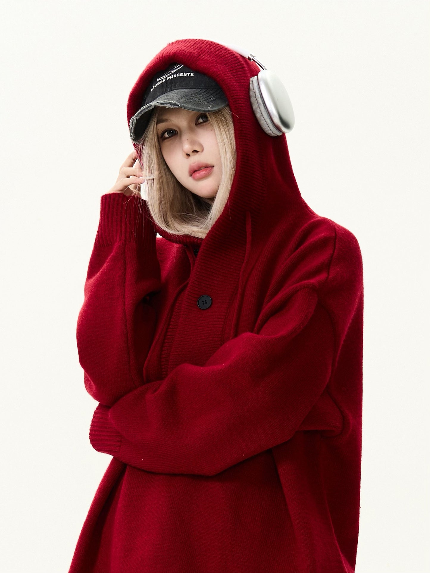 Unisex Half Cardigan Button-Down Hooded Sweater