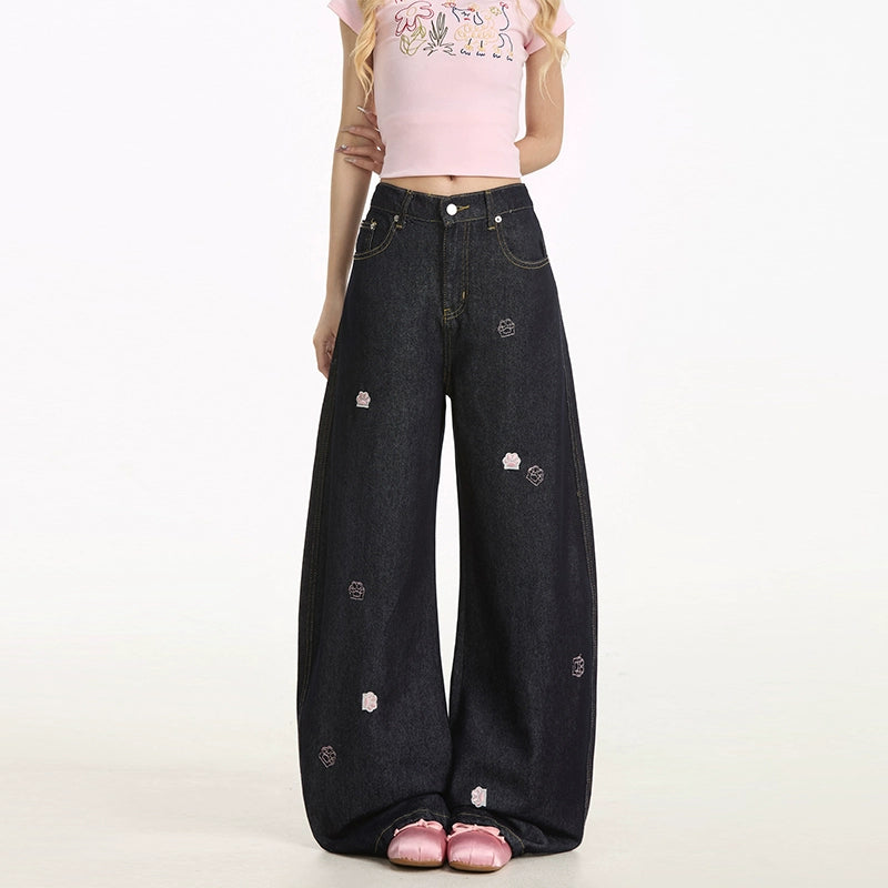 Cat's Paw Embroidered Loose Jeans