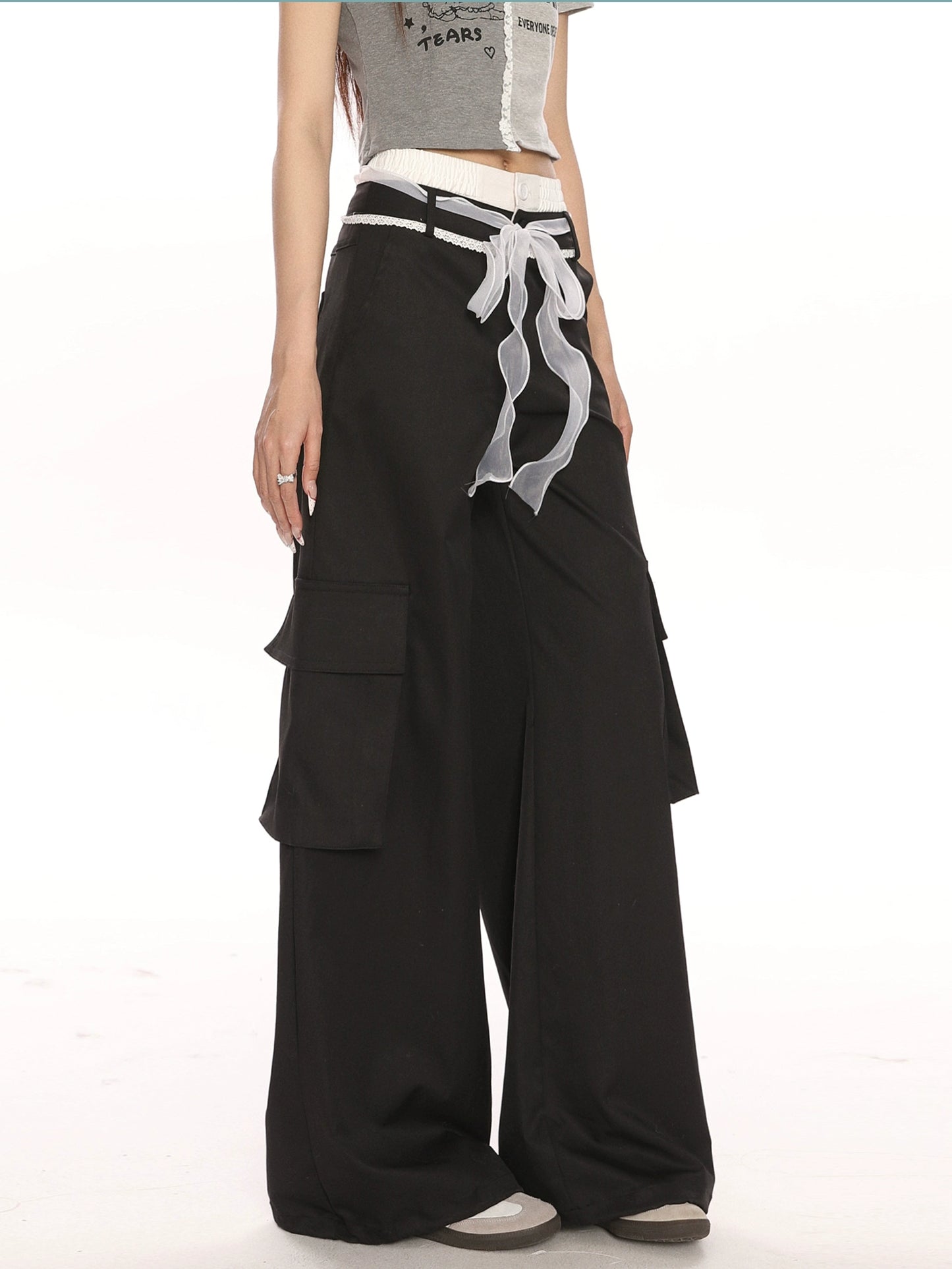 Double Waistband Bow Tie Casual Pants