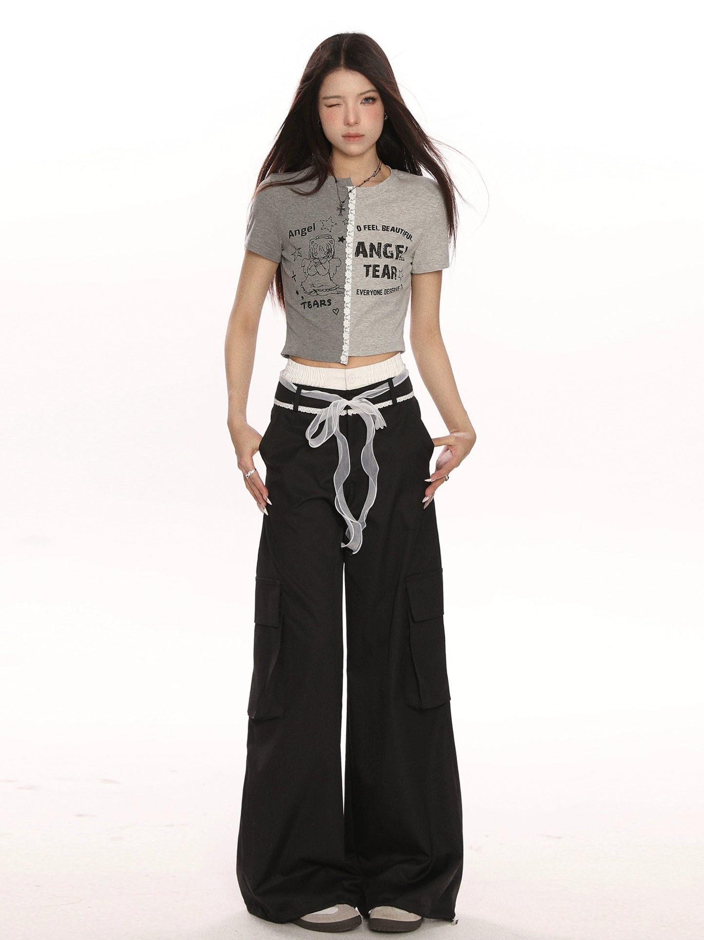 Double Waistband Bow Tie Casual Pants