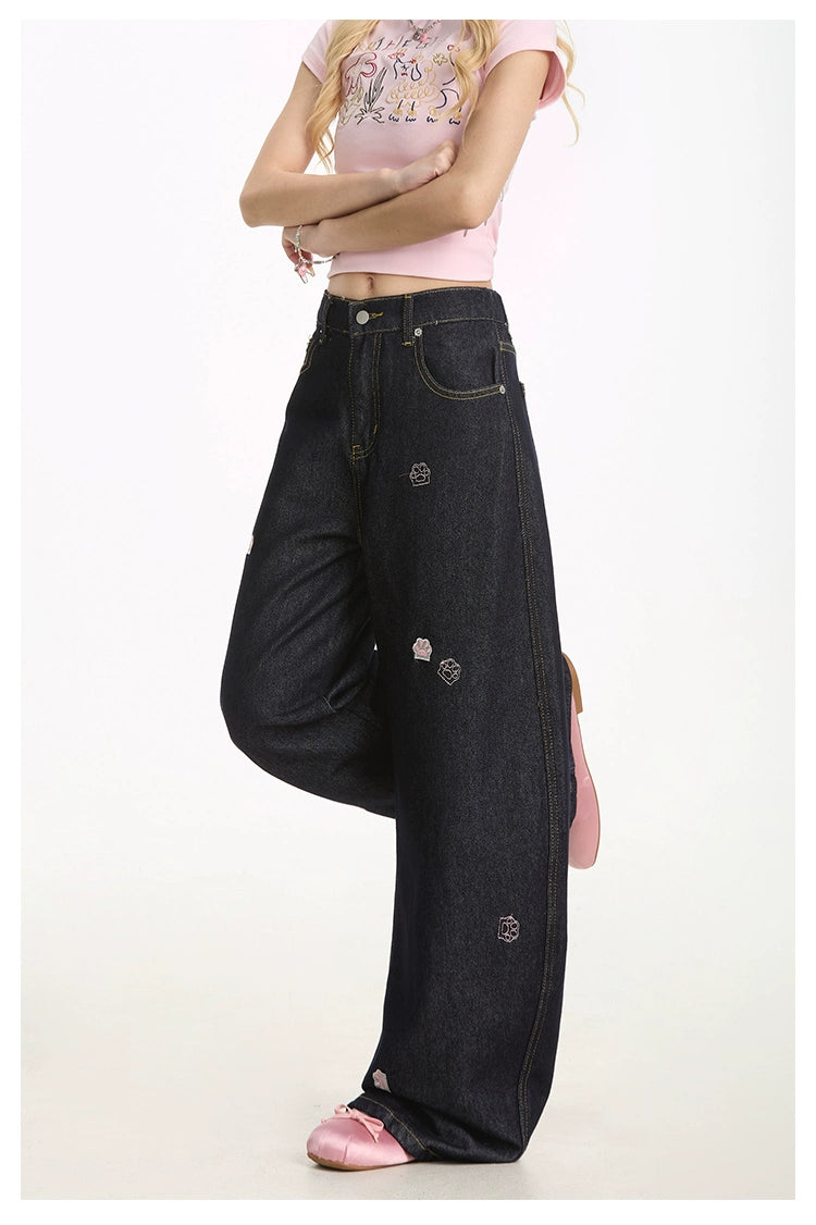 Cat's Paw Embroidered Loose Jeans