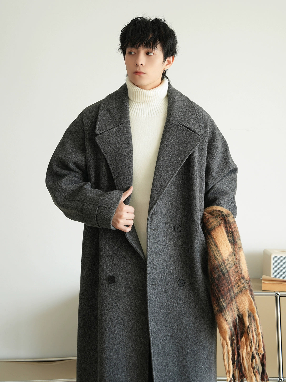Solid Collar Lapel Woolen Winter Trench Coat