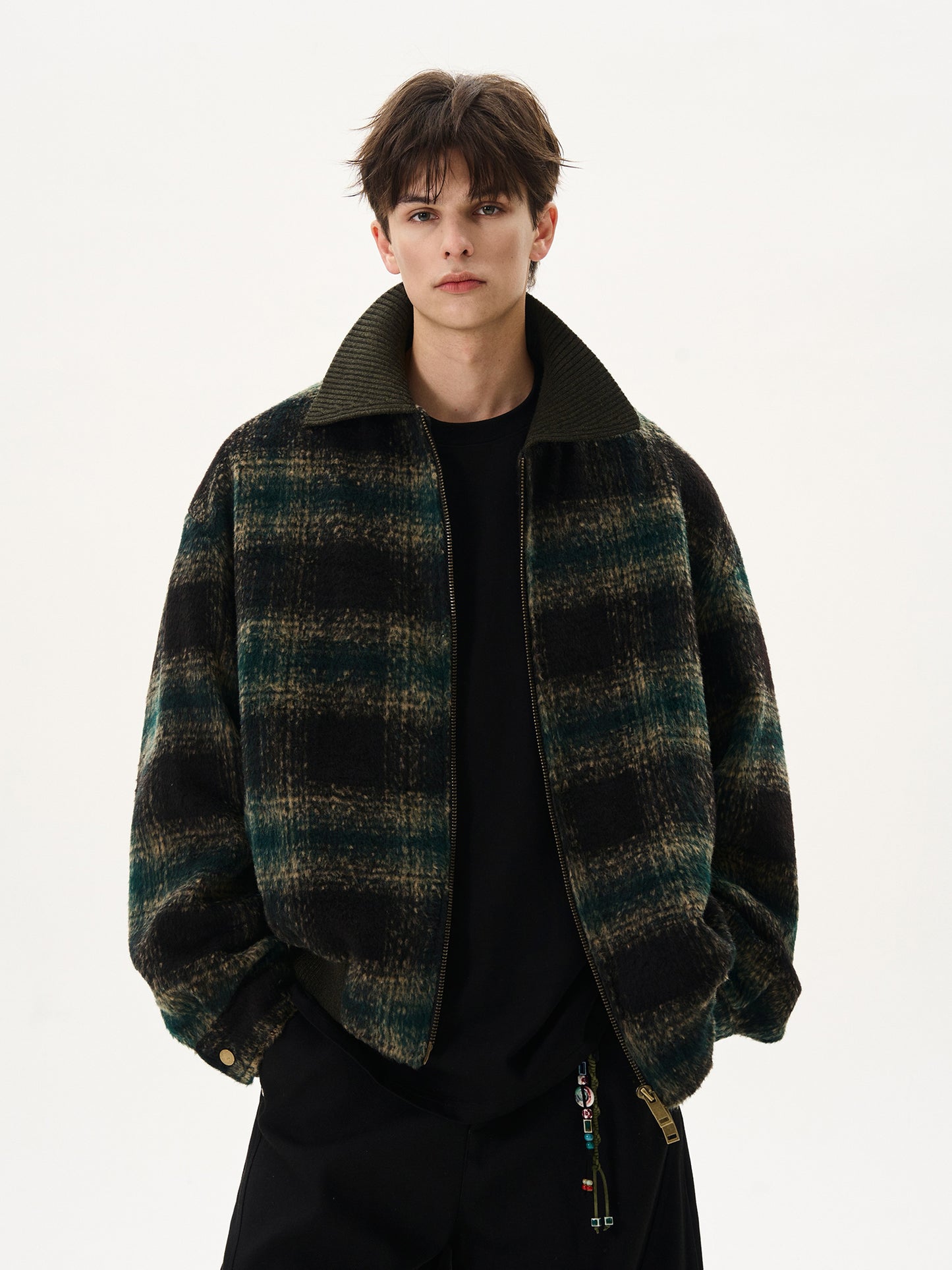 Wool Contrast Plaid Lapel Jacket