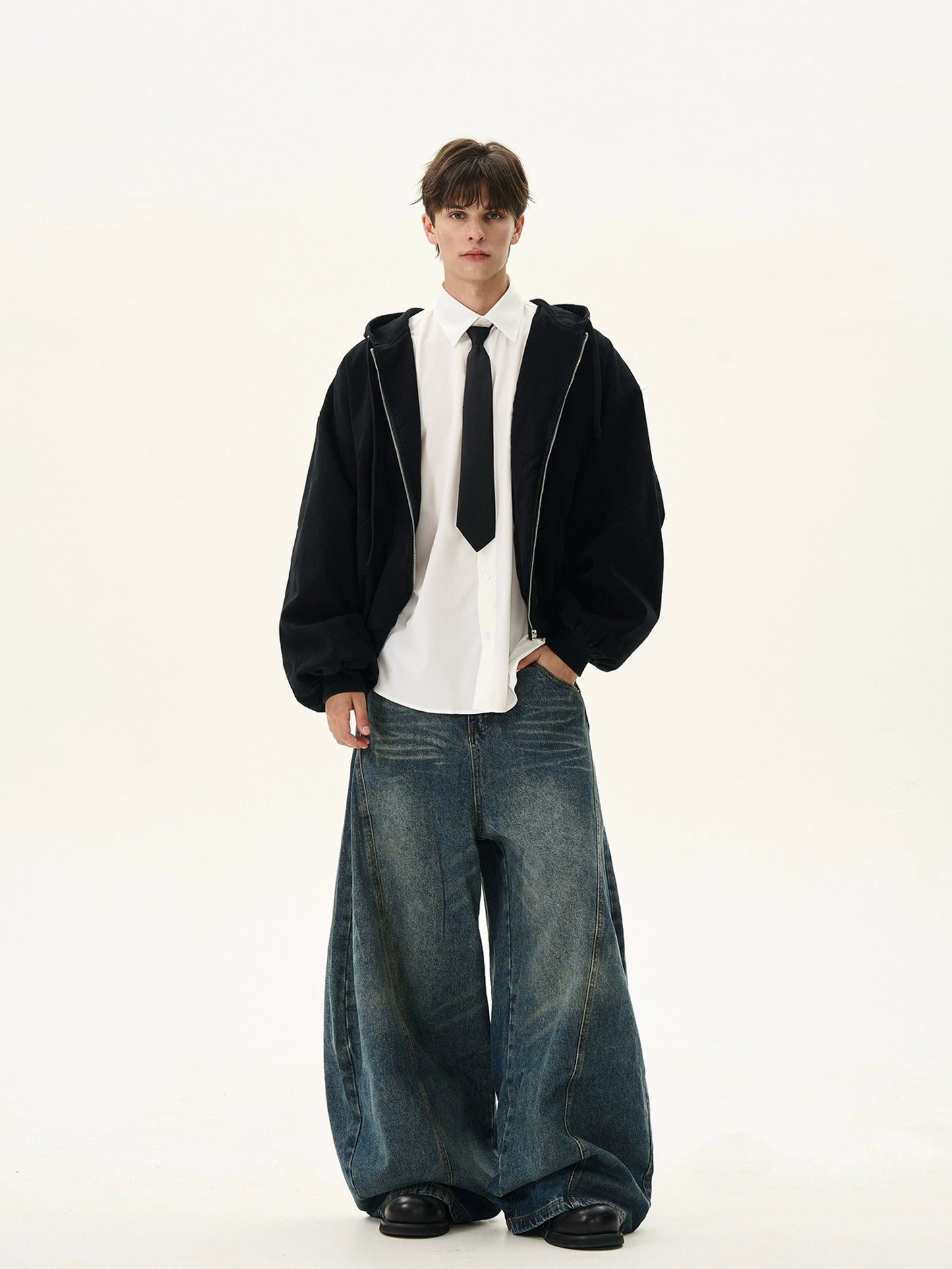 Silhouette Short Casual Boxy Washed Zip-Up Hoodie