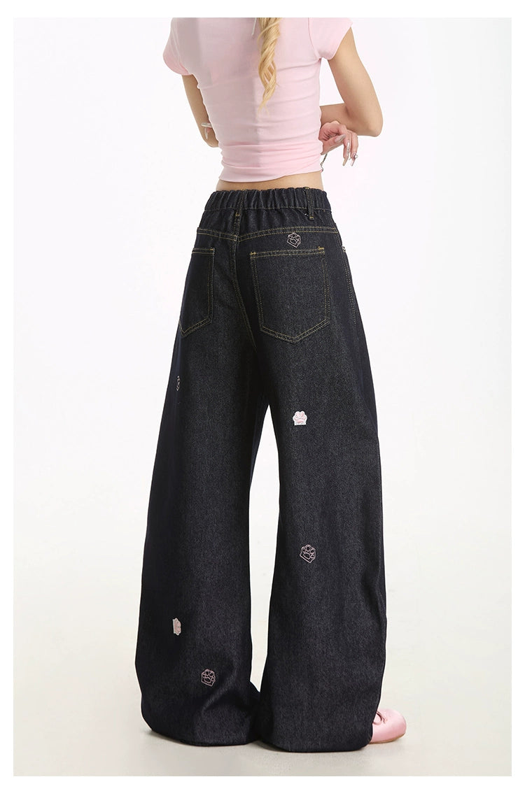 Cat's Paw Embroidered Loose Jeans