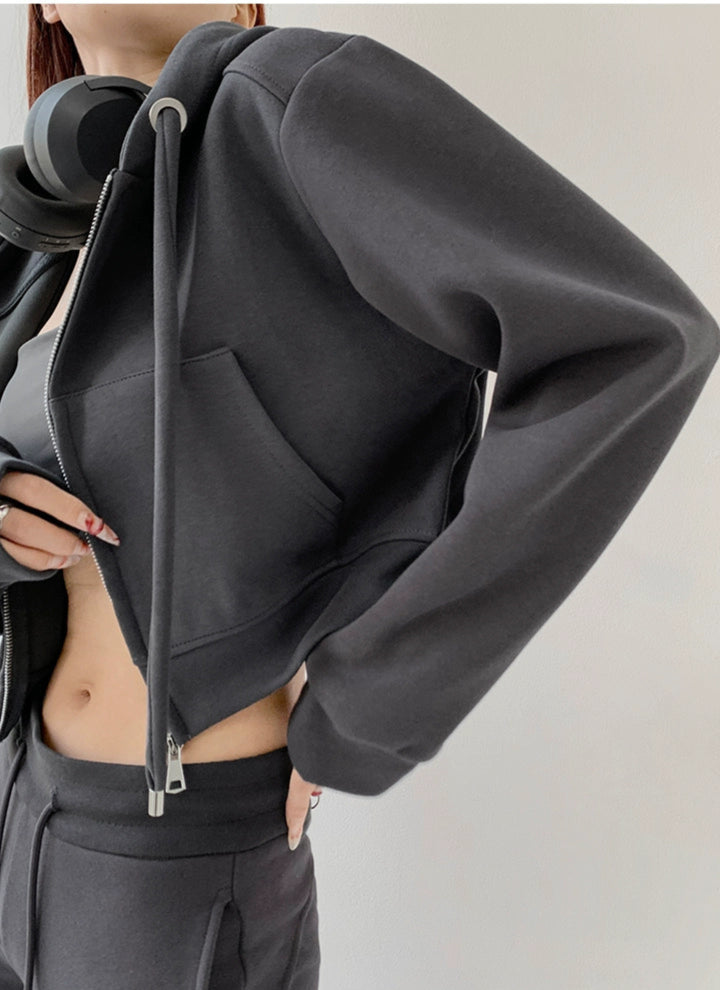 Casual Crop Top Zipper Hooded Jacket