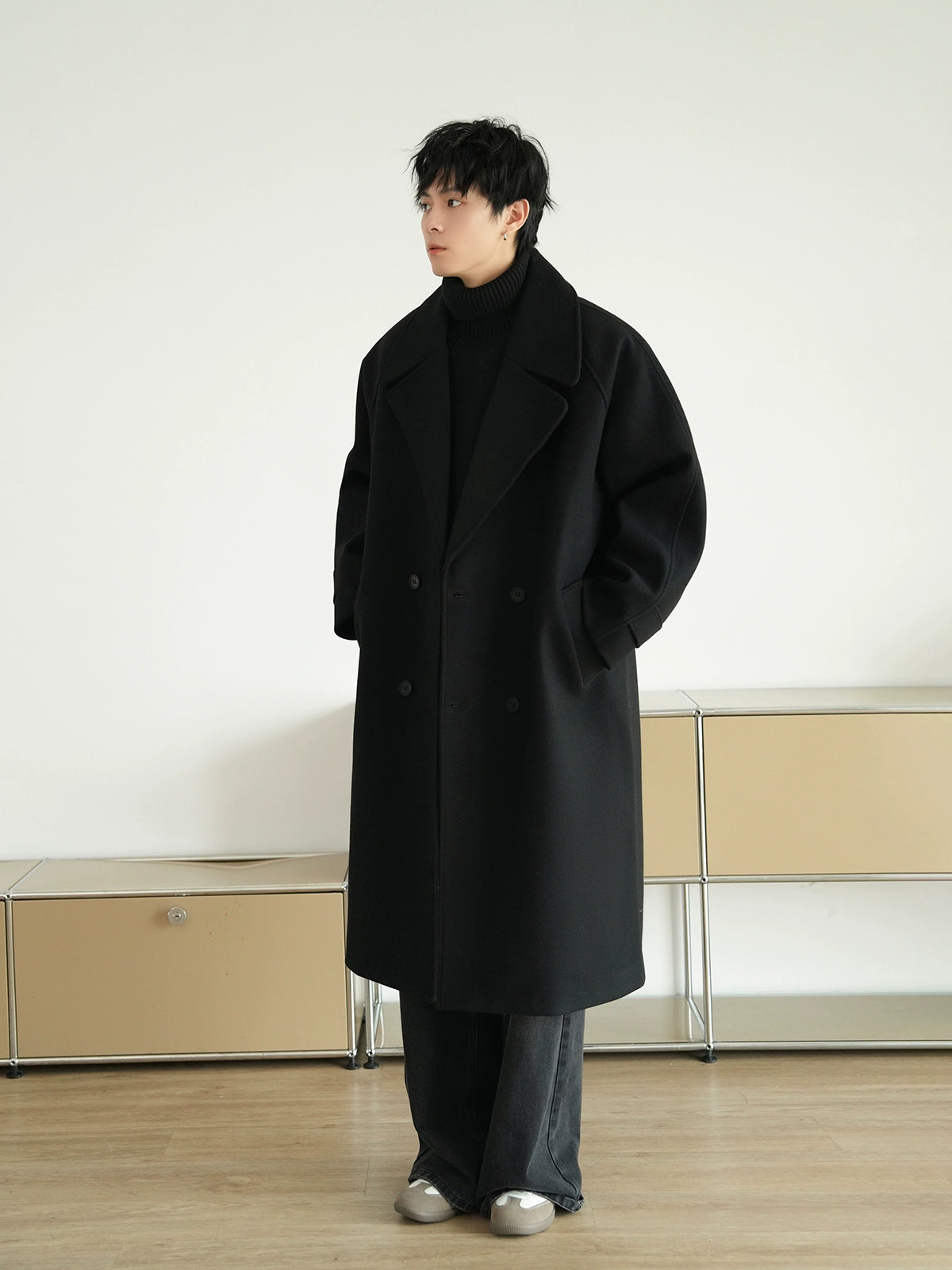 Solid Collar Lapel Woolen Winter Trench Coat