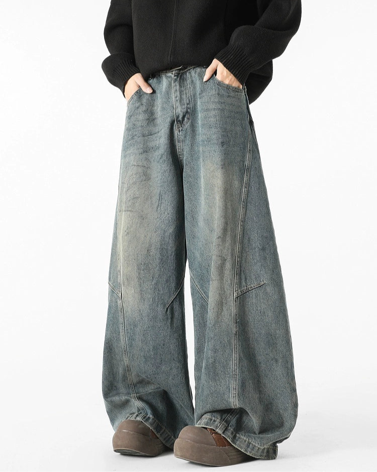 Deconstructed Broken Wide-Leg Washed Jeans