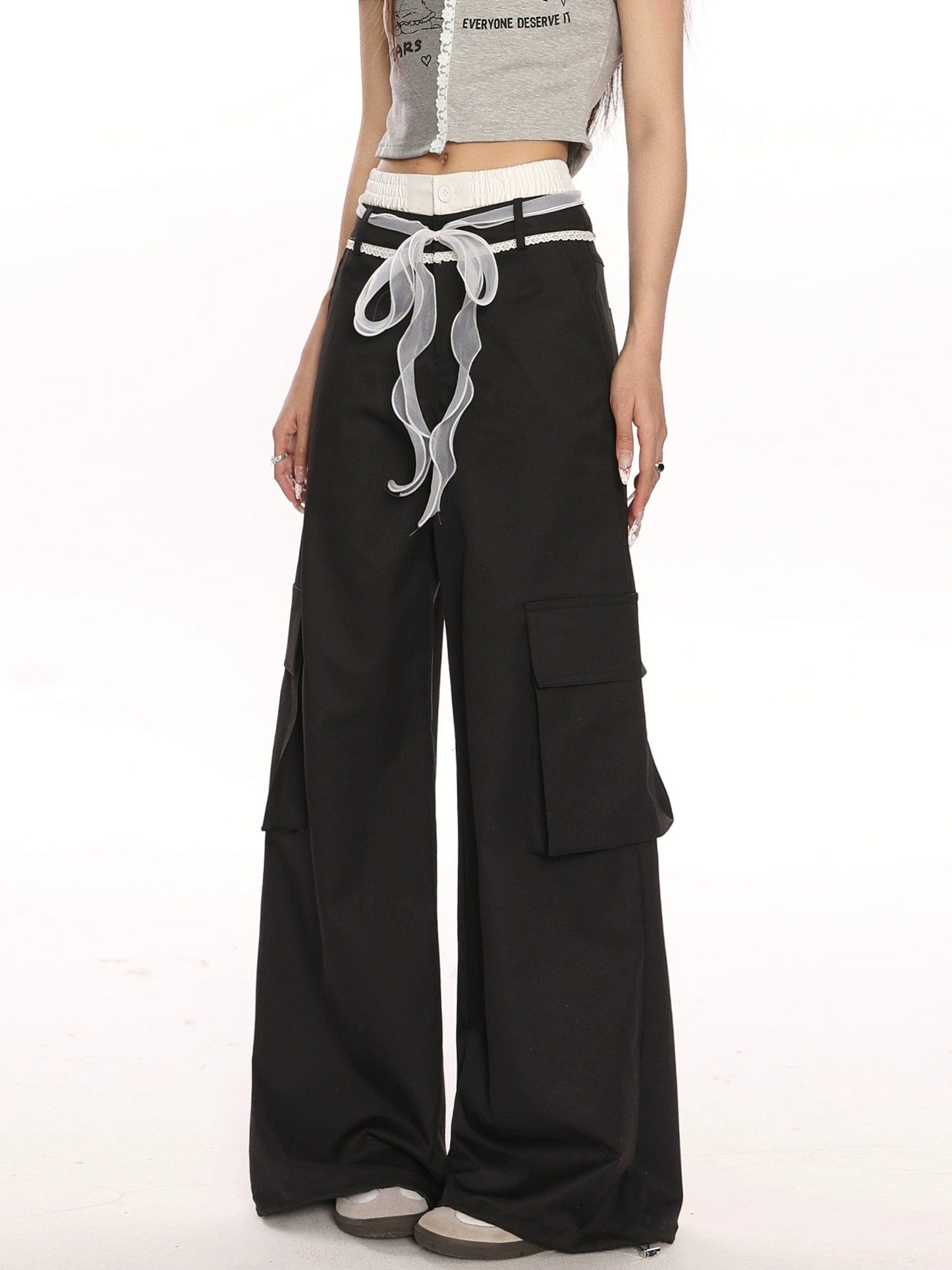 Double Waistband Bow Tie Casual Pants