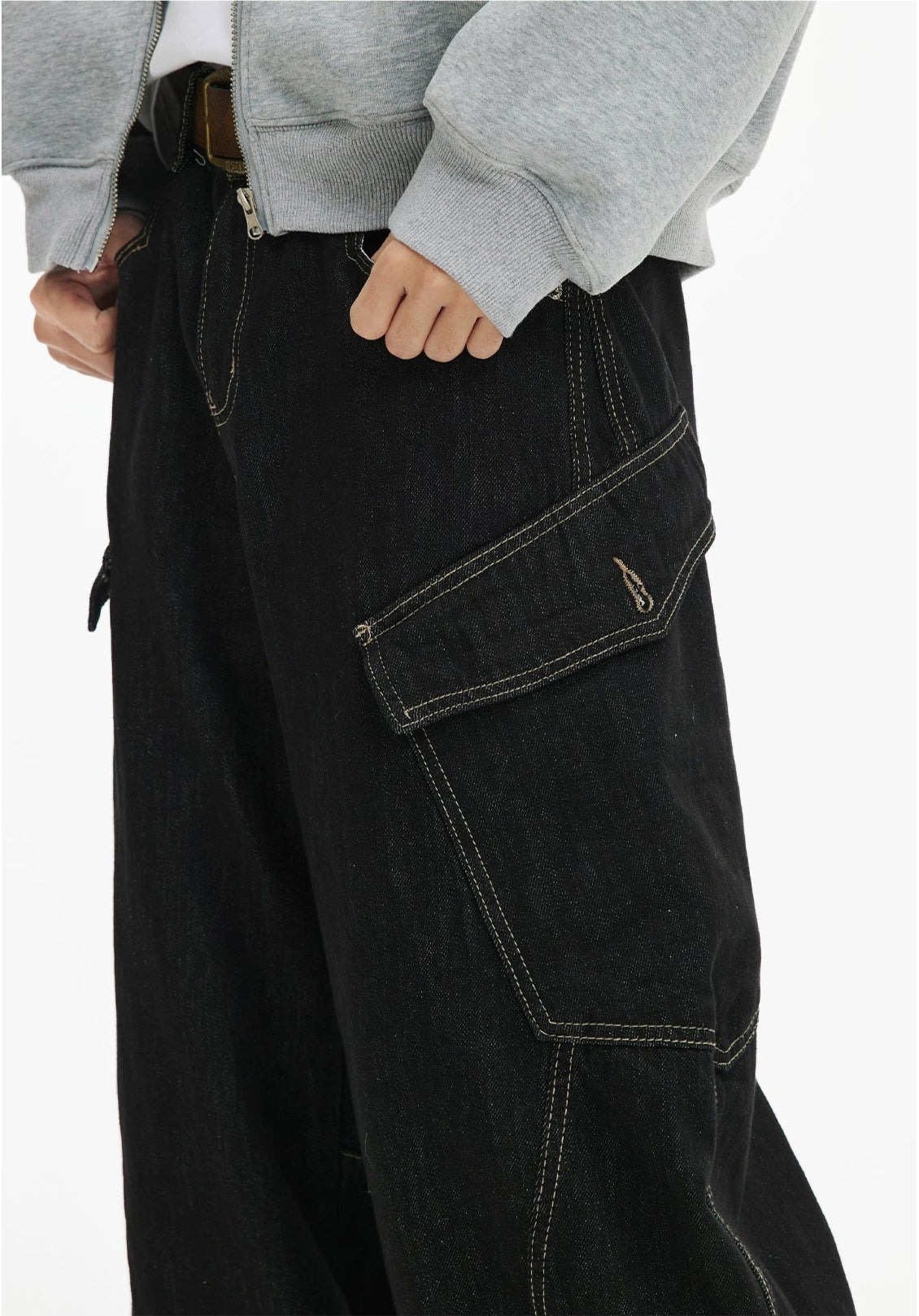 Loose Double Large Side Pocket Wide-Leg Jeans