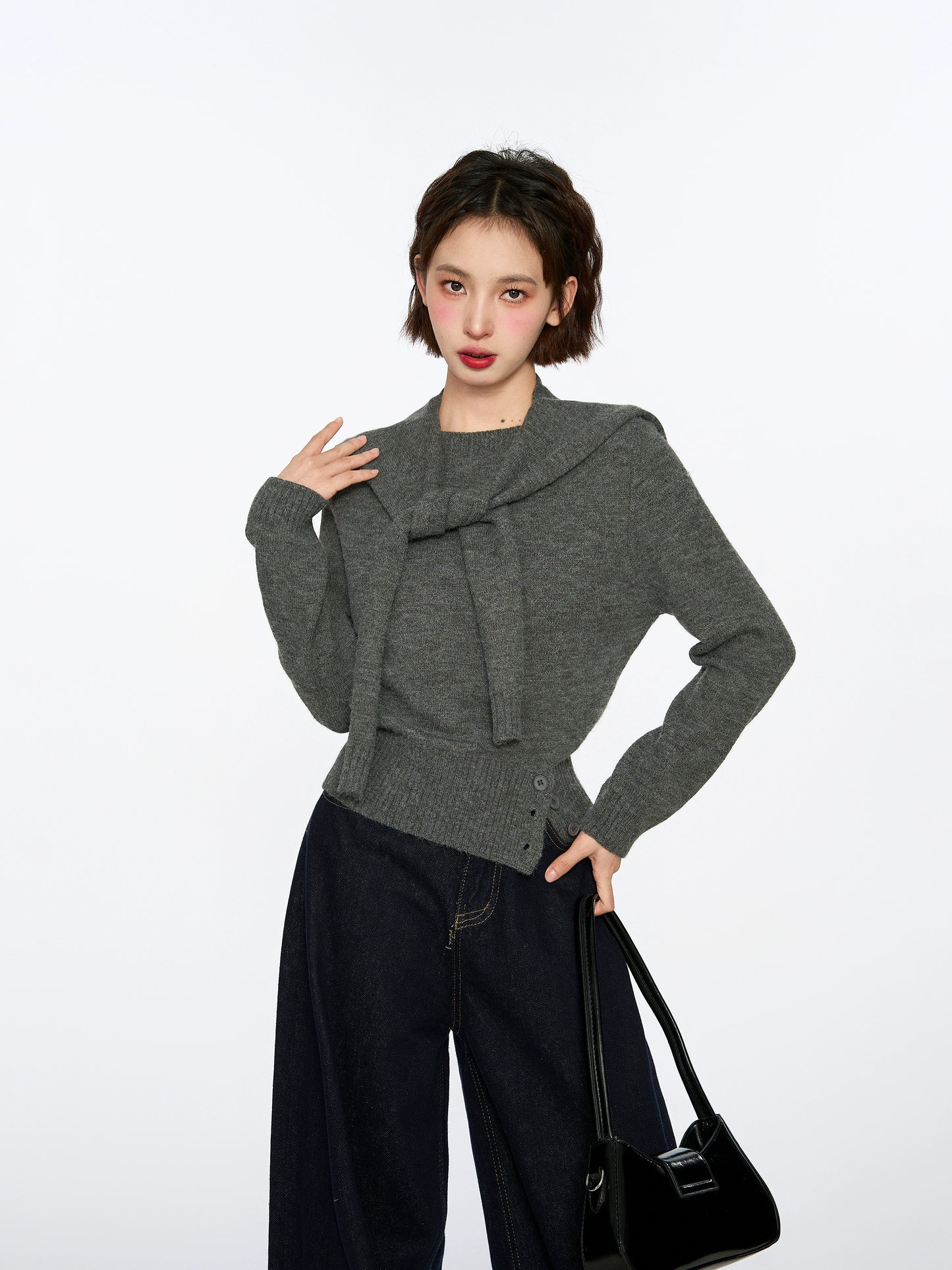 Grey Shoulder Pullover Long-sleeved Sweater