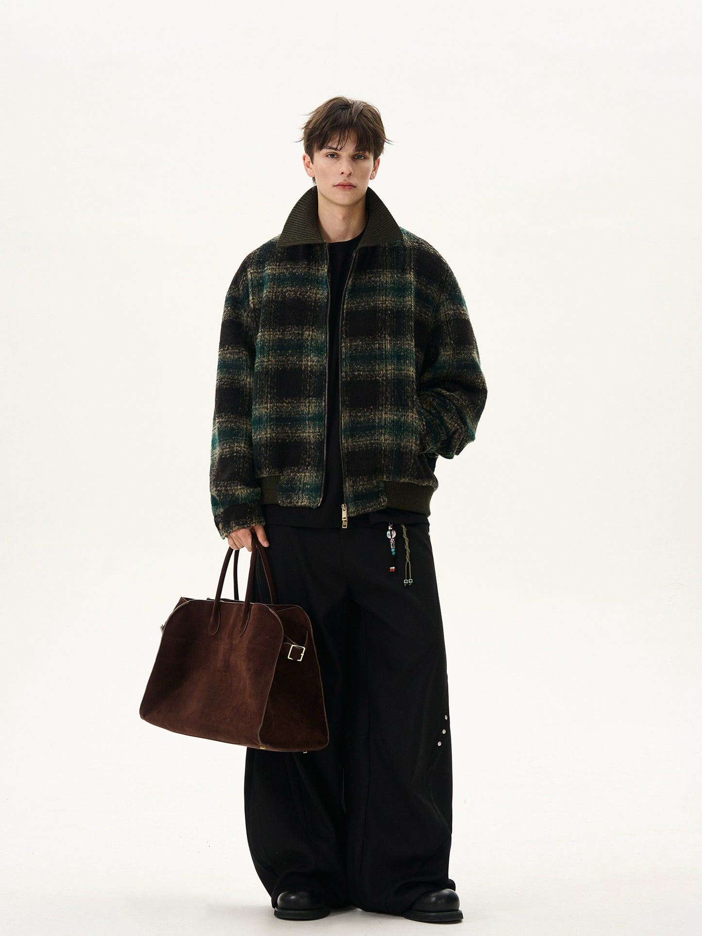 Wool Contrast Plaid Lapel Jacket