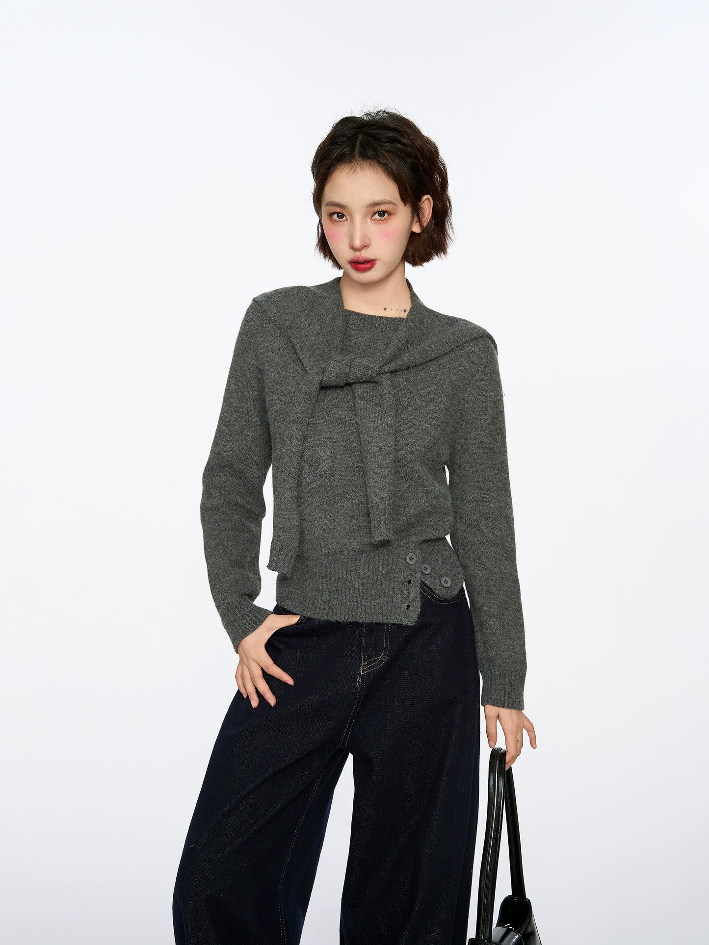 Grey Shoulder Pullover Long-sleeved Sweater