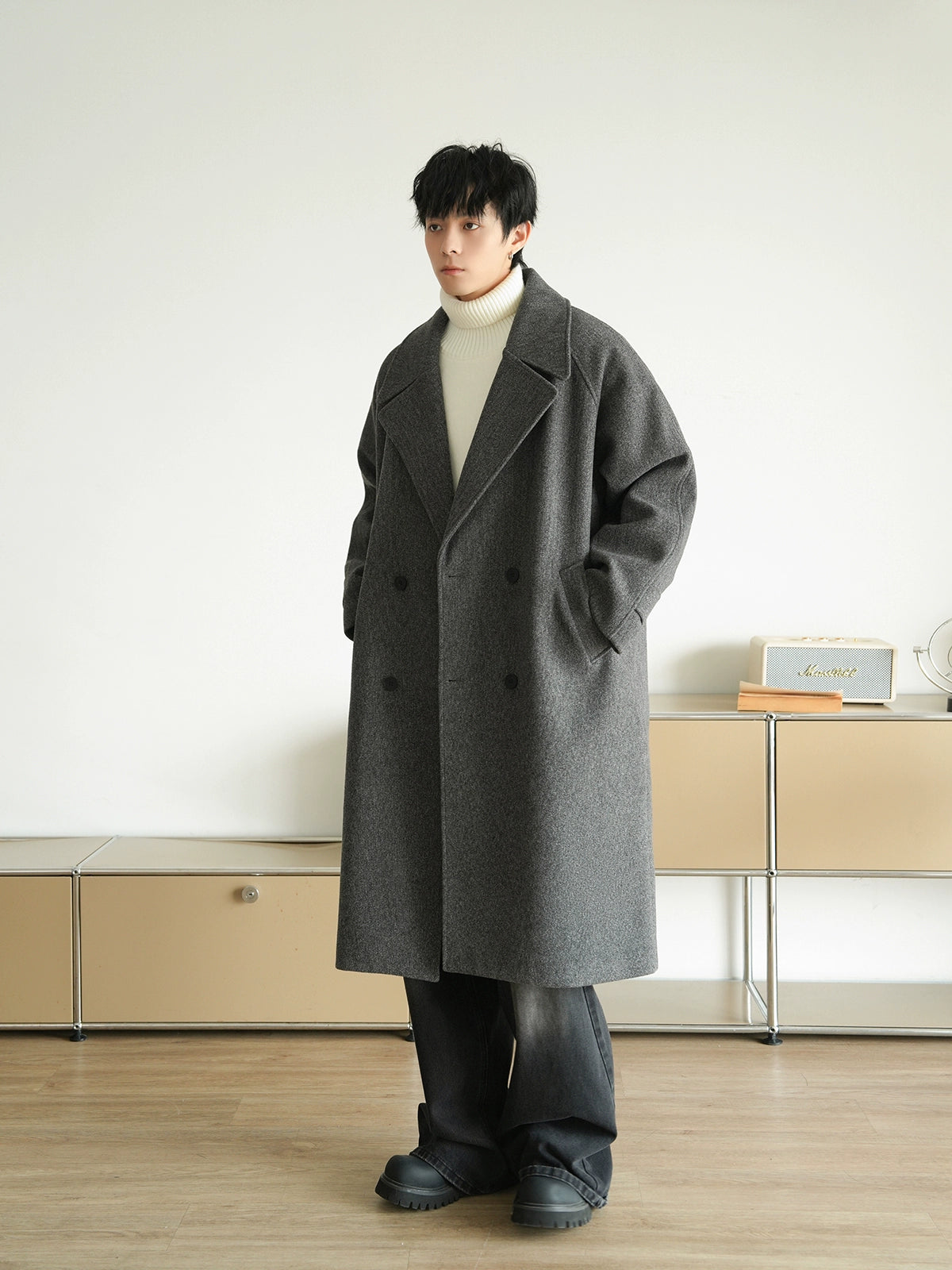 Solid Collar Lapel Woolen Winter Trench Coat