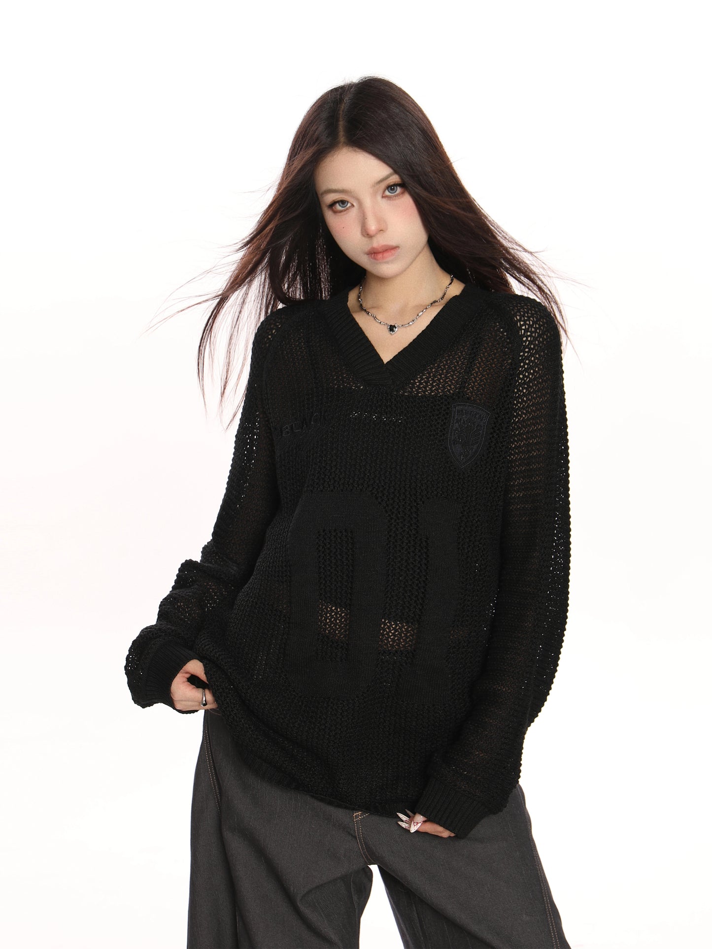 V-neck Cut-Out Knit Sweater Oversize