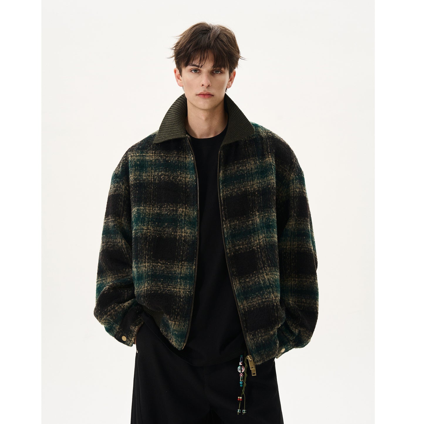 Wool Contrast Plaid Lapel Jacket
