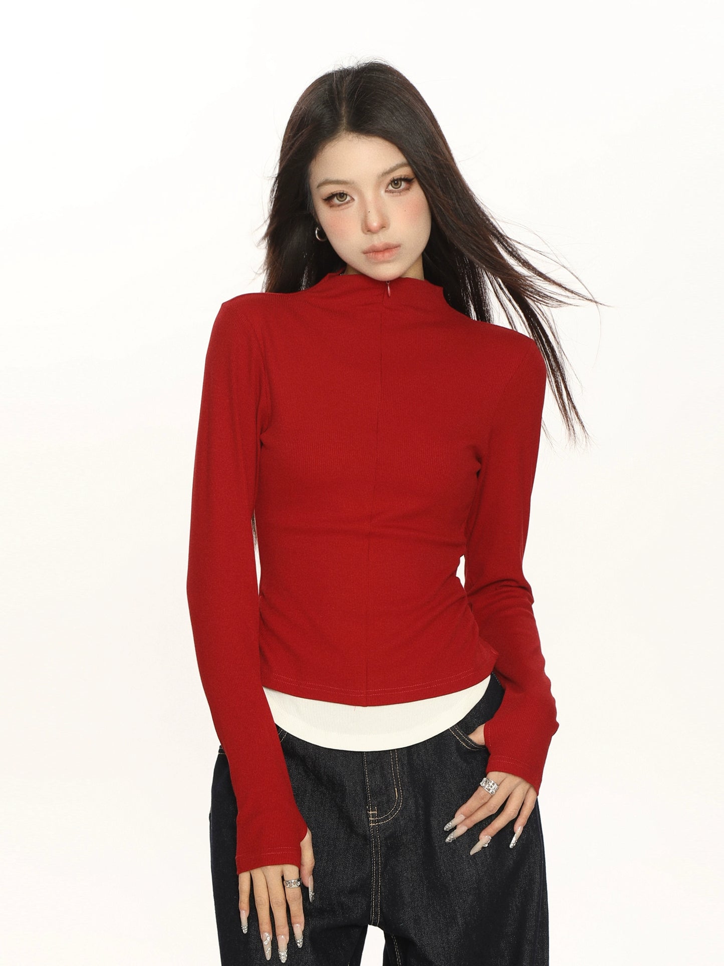 Half-Turtleneck Fake Two Zipper Long Sleeve Top