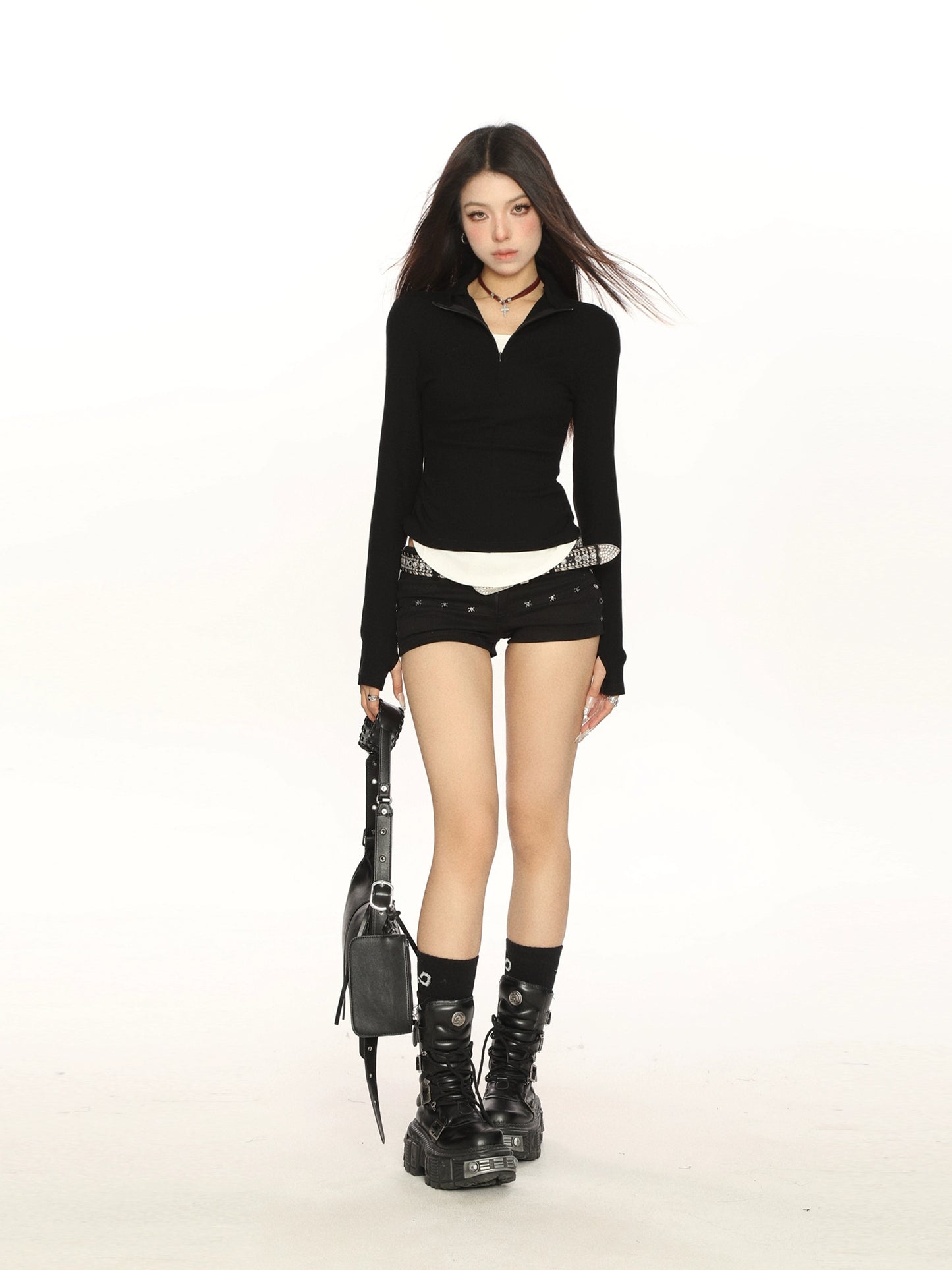 Half-Turtleneck Fake Two Zipper Long Sleeve Top