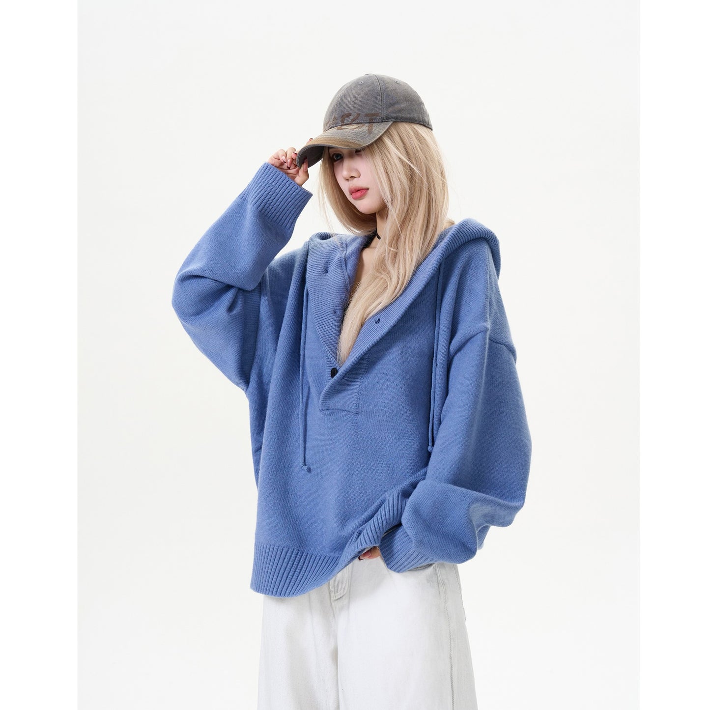 Unisex Half Cardigan Button-Down Hooded Sweater
