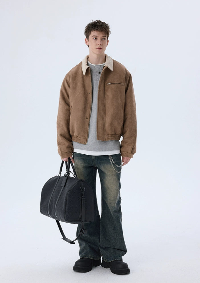 Short Solid Lapel Suede Jacket