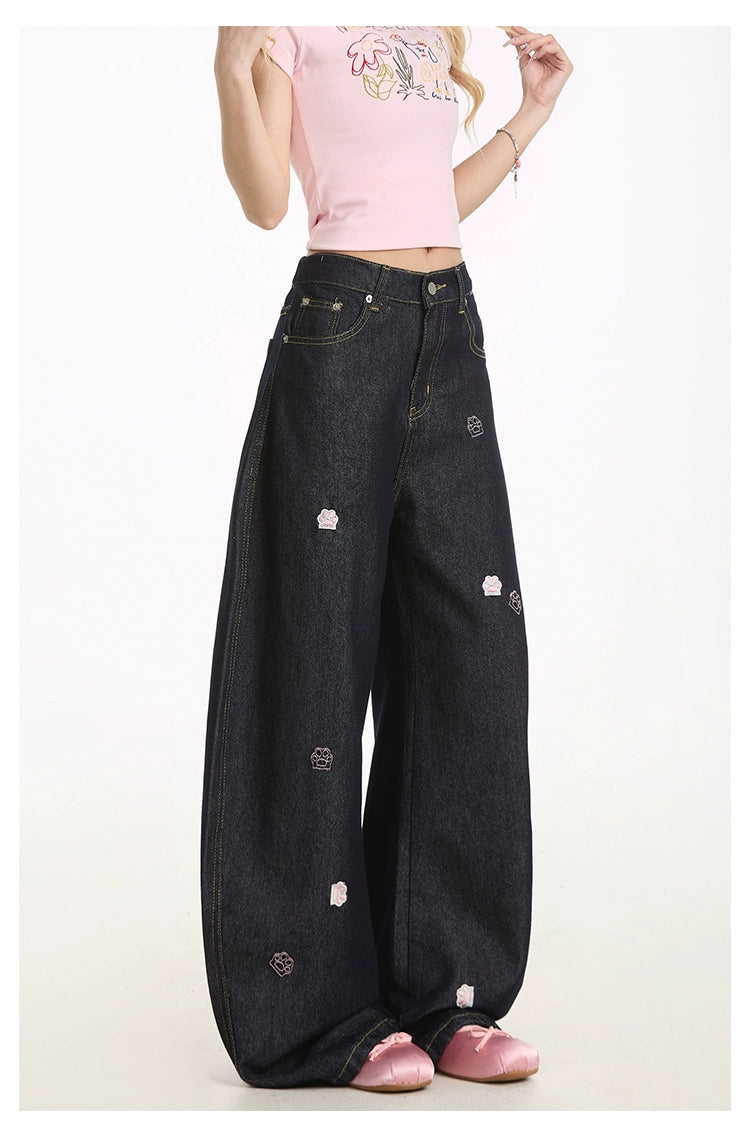 Cat's Paw Embroidered Loose Jeans