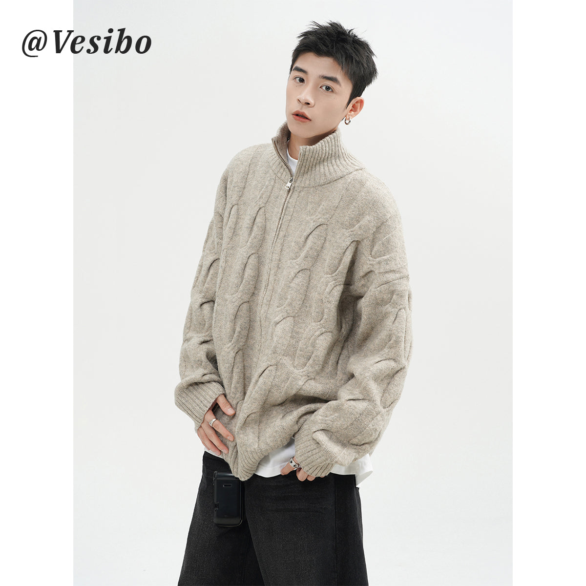 Semi-turtleneck Heavy Spring Cardigan Sweater