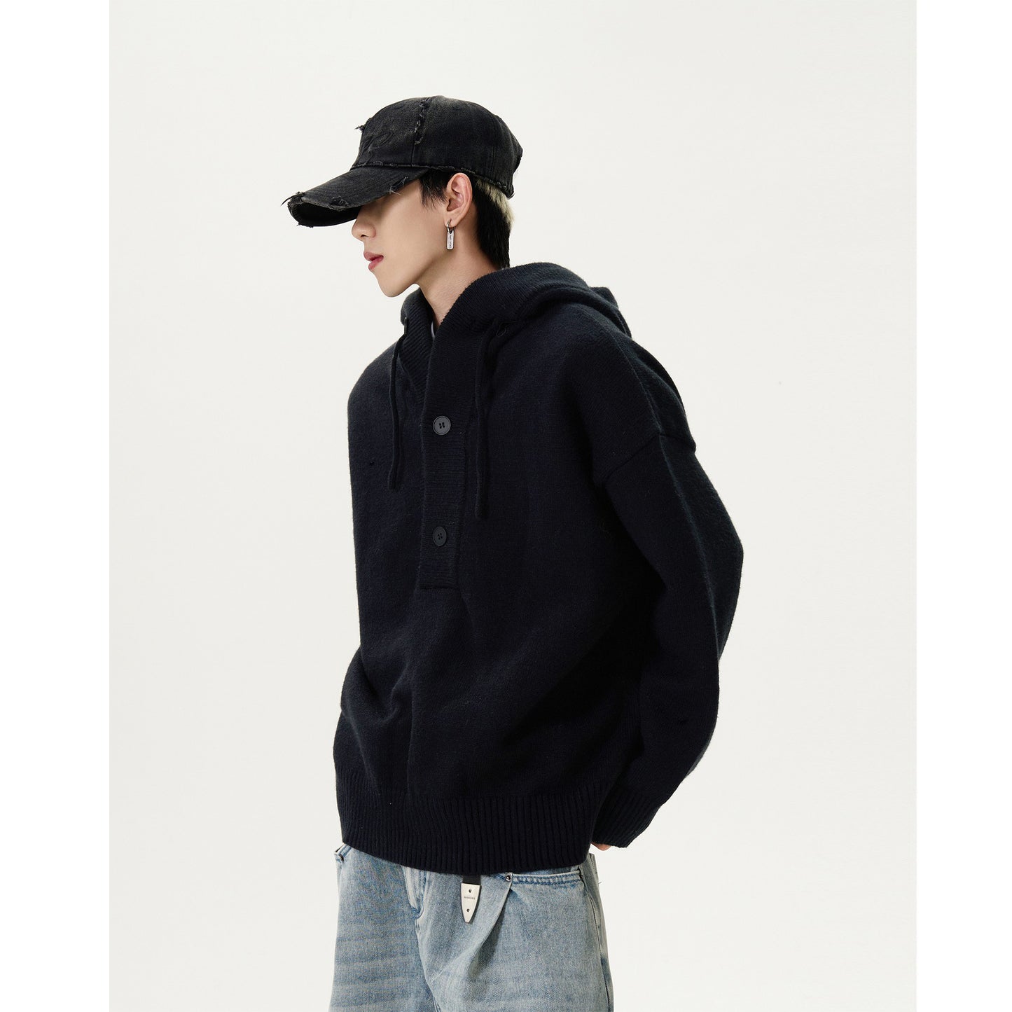 Unisex Half Cardigan Button-Down Hooded Sweater