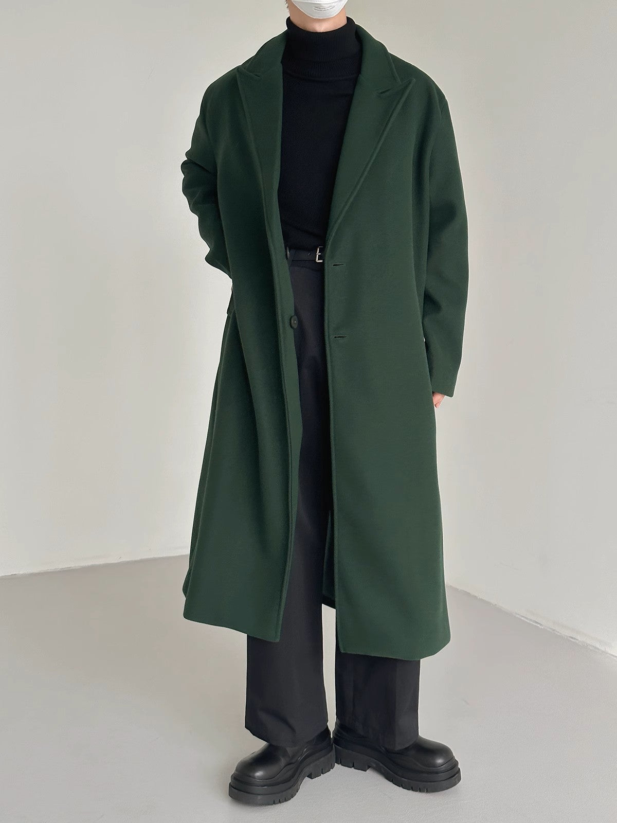 Green Woolen Single Breasted Trench Coat