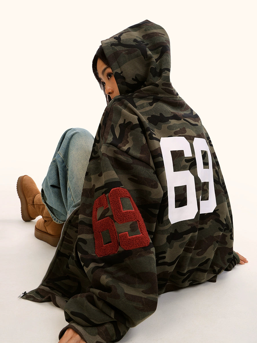 Fleece Thickened Camouflage Cardigan Hooded Retro Jacket