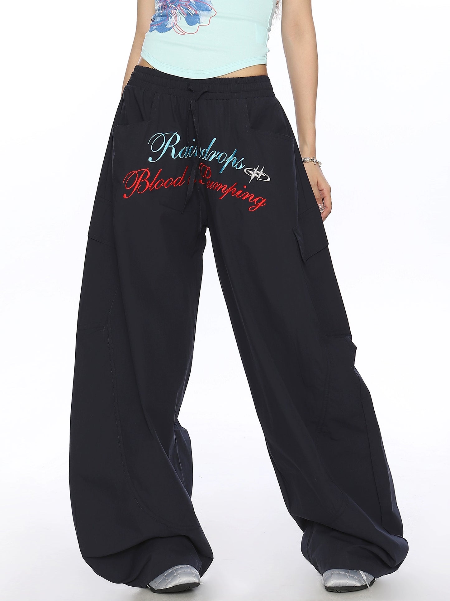 Letter Embroidery Loose Straight Casual Pants