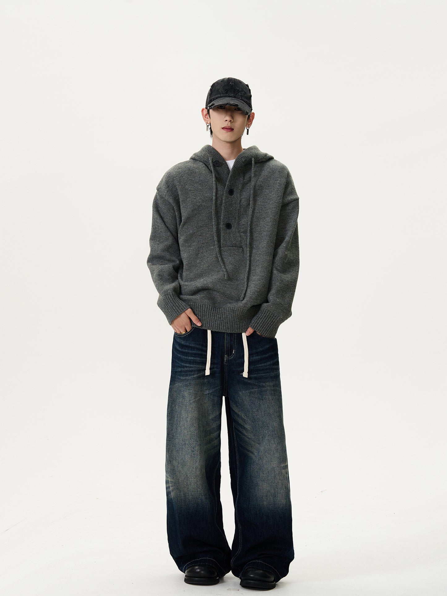 Unisex Half Cardigan Button-Down Hooded Sweater