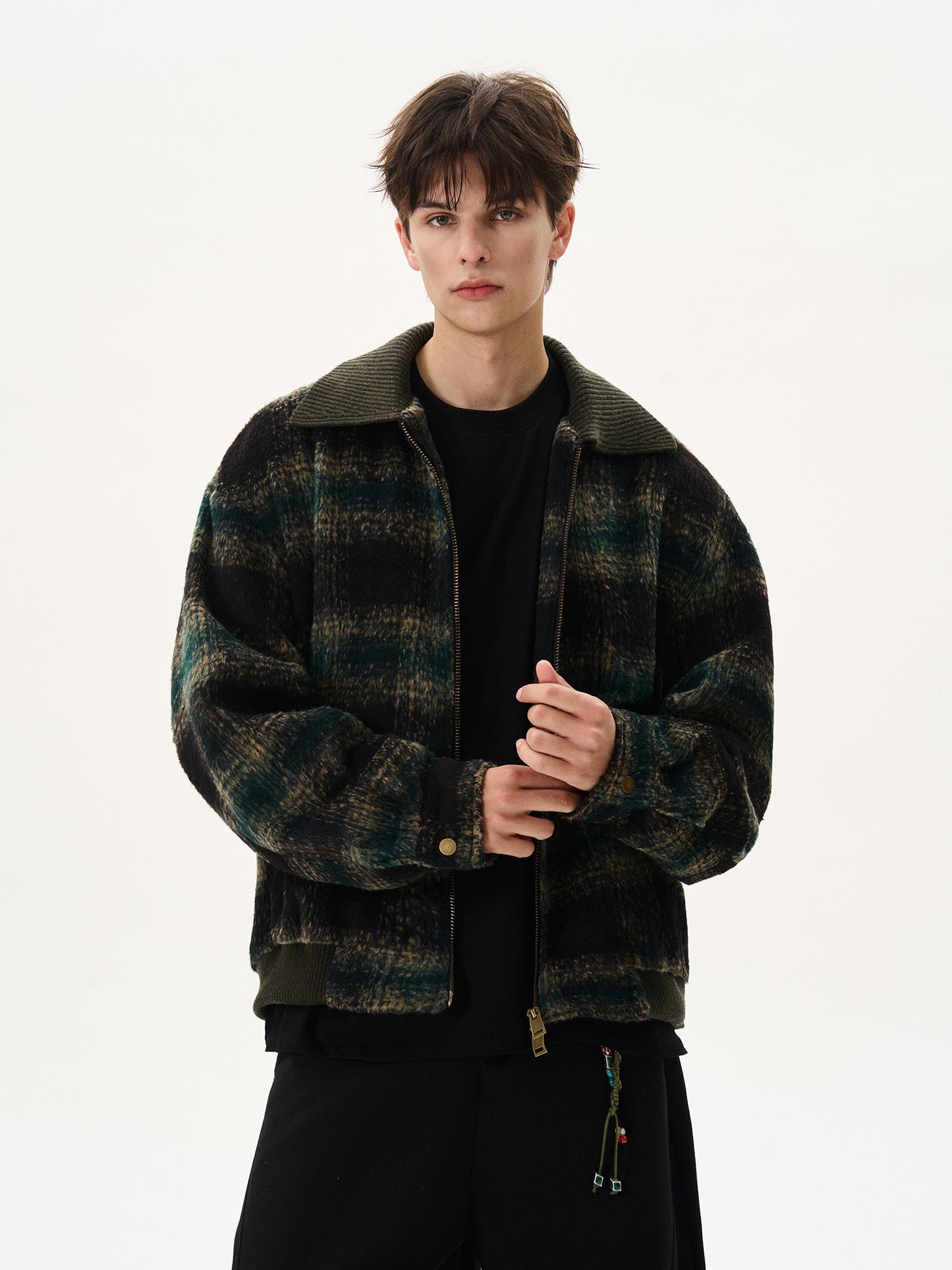 Wool Contrast Plaid Lapel Jacket
