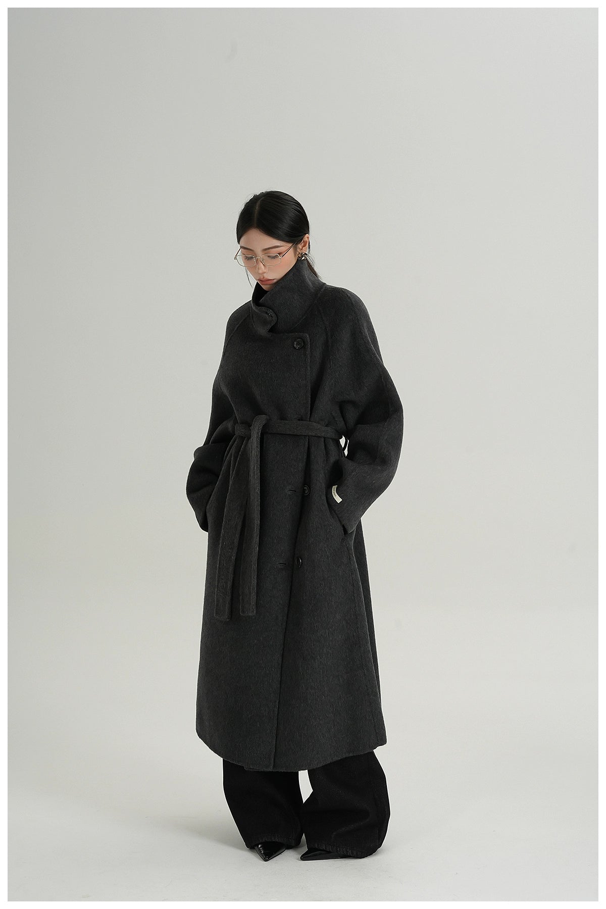 Premium Temperament Stand Collar Grey Long Coat