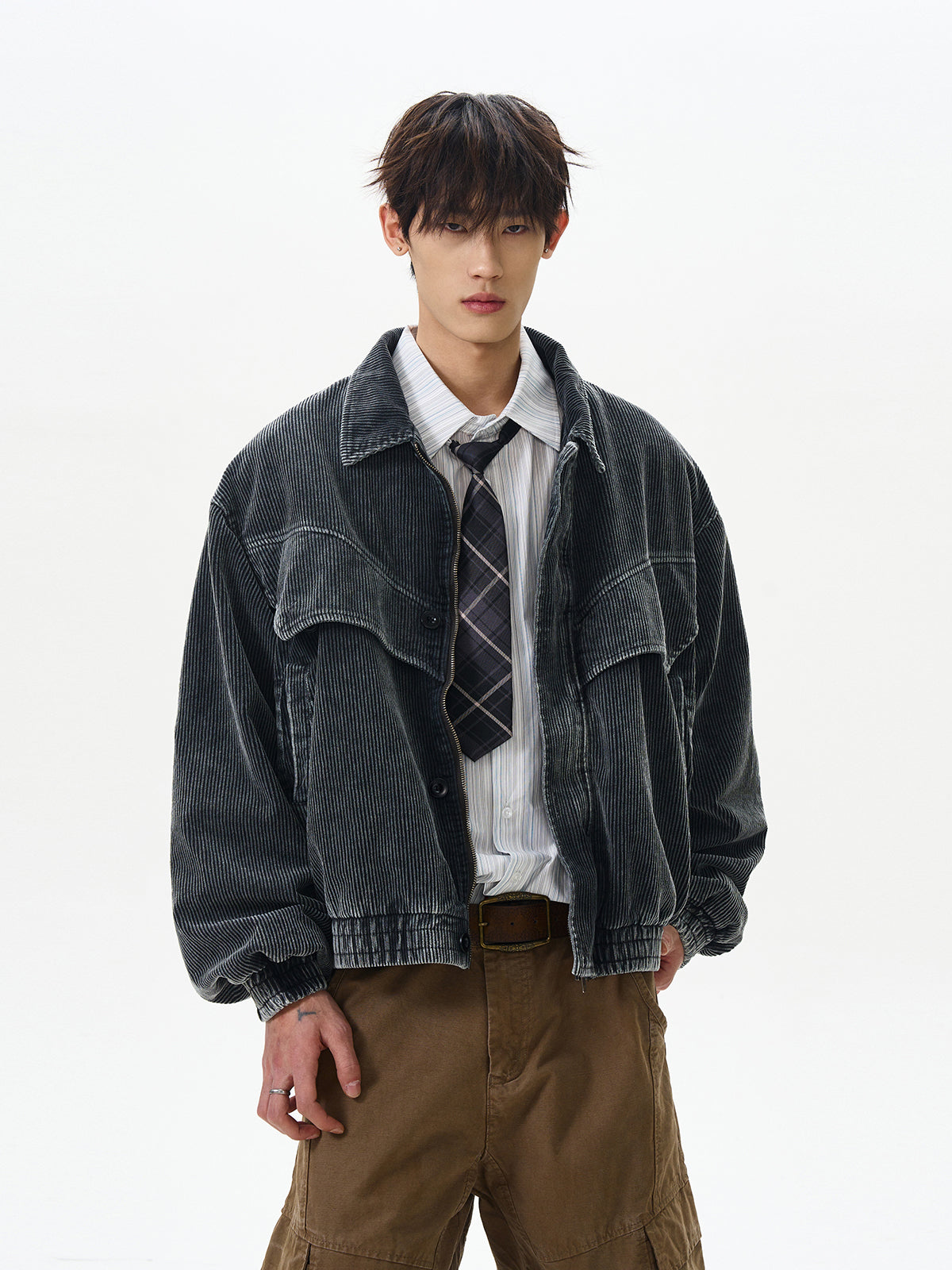 Deconstructed Washed Textured Zip-Up Jacket