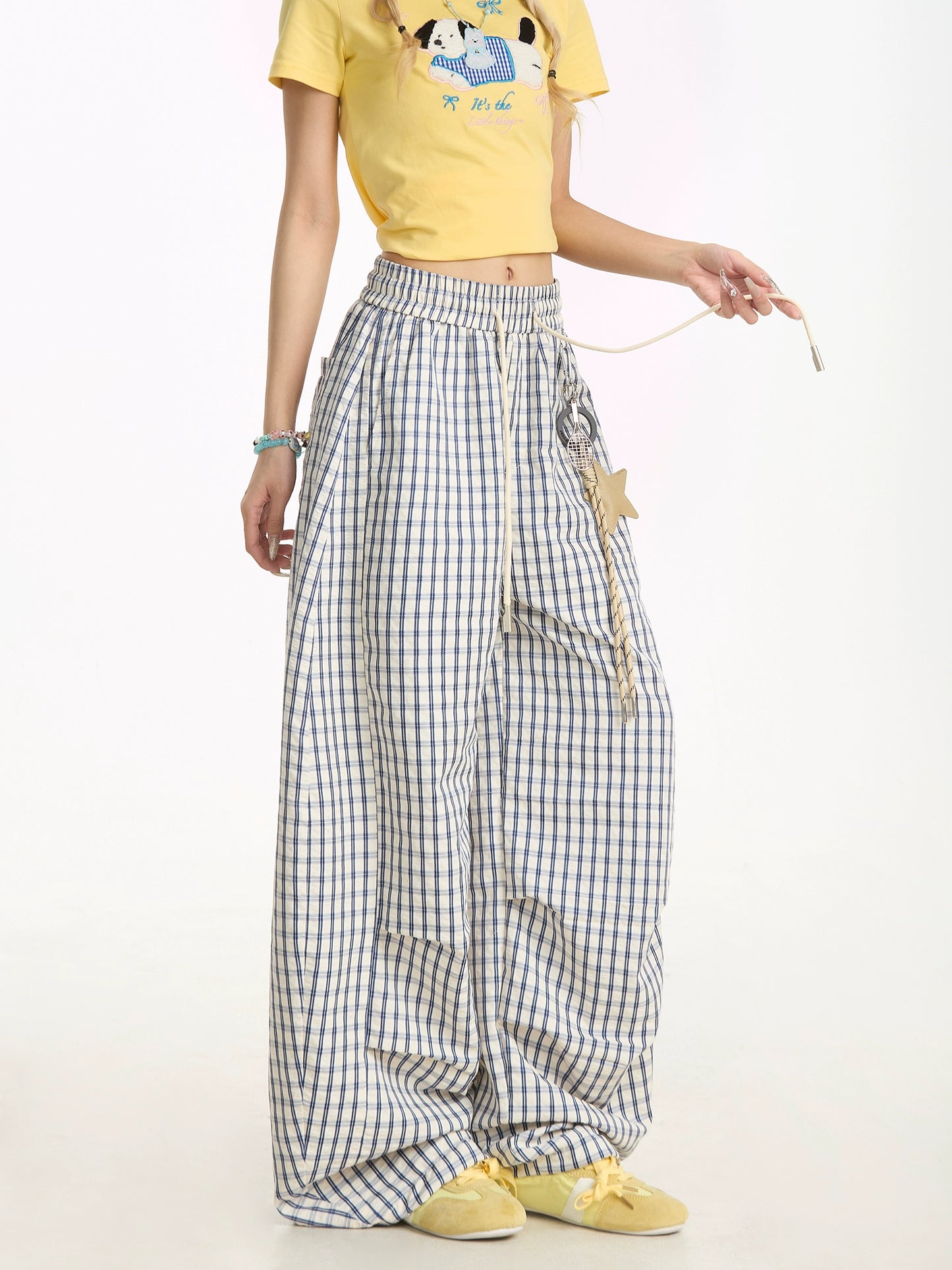 Star Charm Plaid Straight Casual Pants