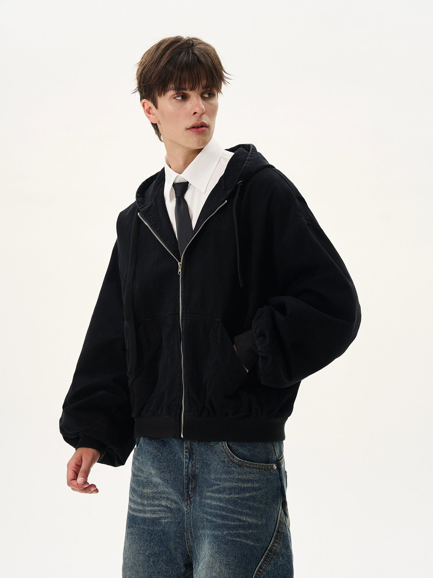 Silhouette Short Casual Boxy Washed Zip-Up Hoodie