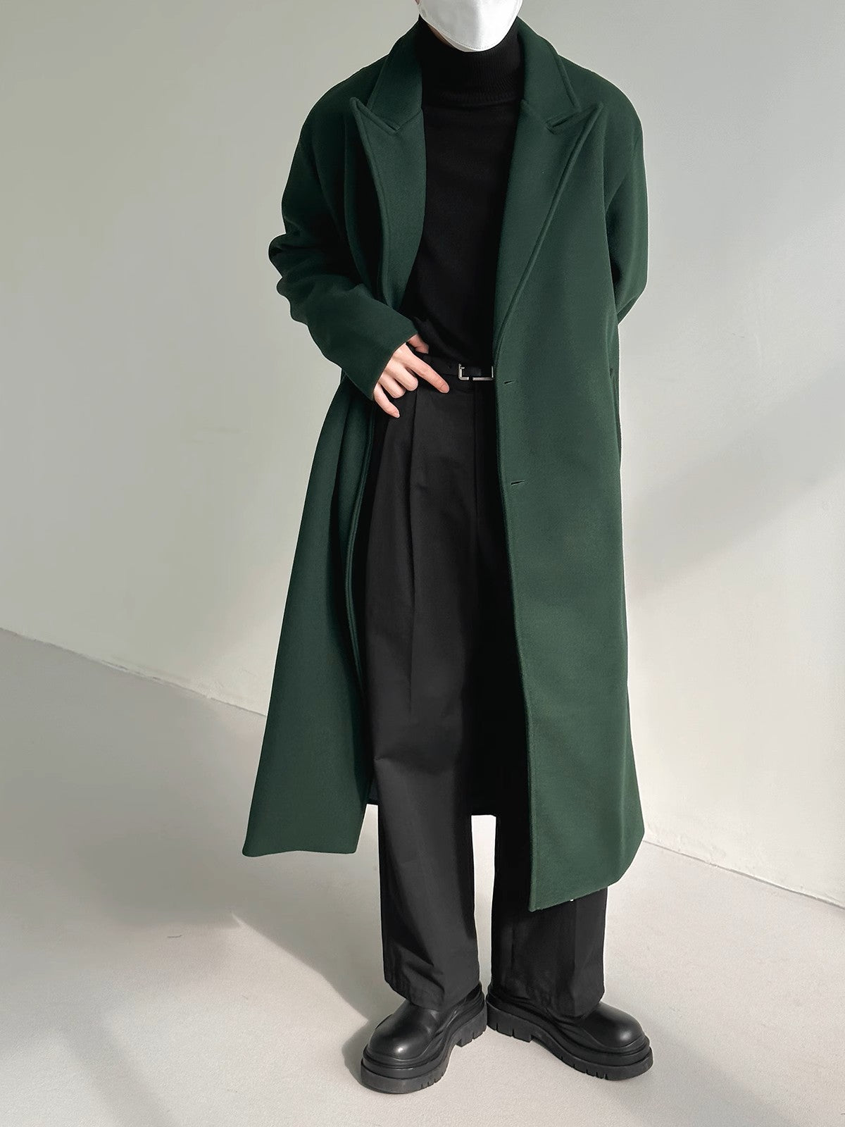 Green Woolen Single Breasted Trench Coat