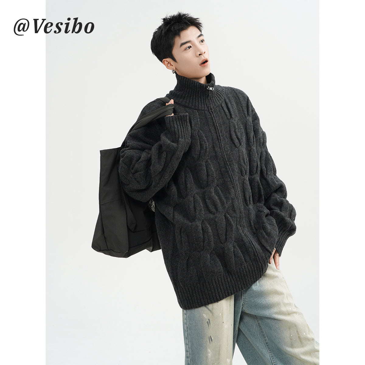Semi-turtleneck Heavy Spring Cardigan Sweater