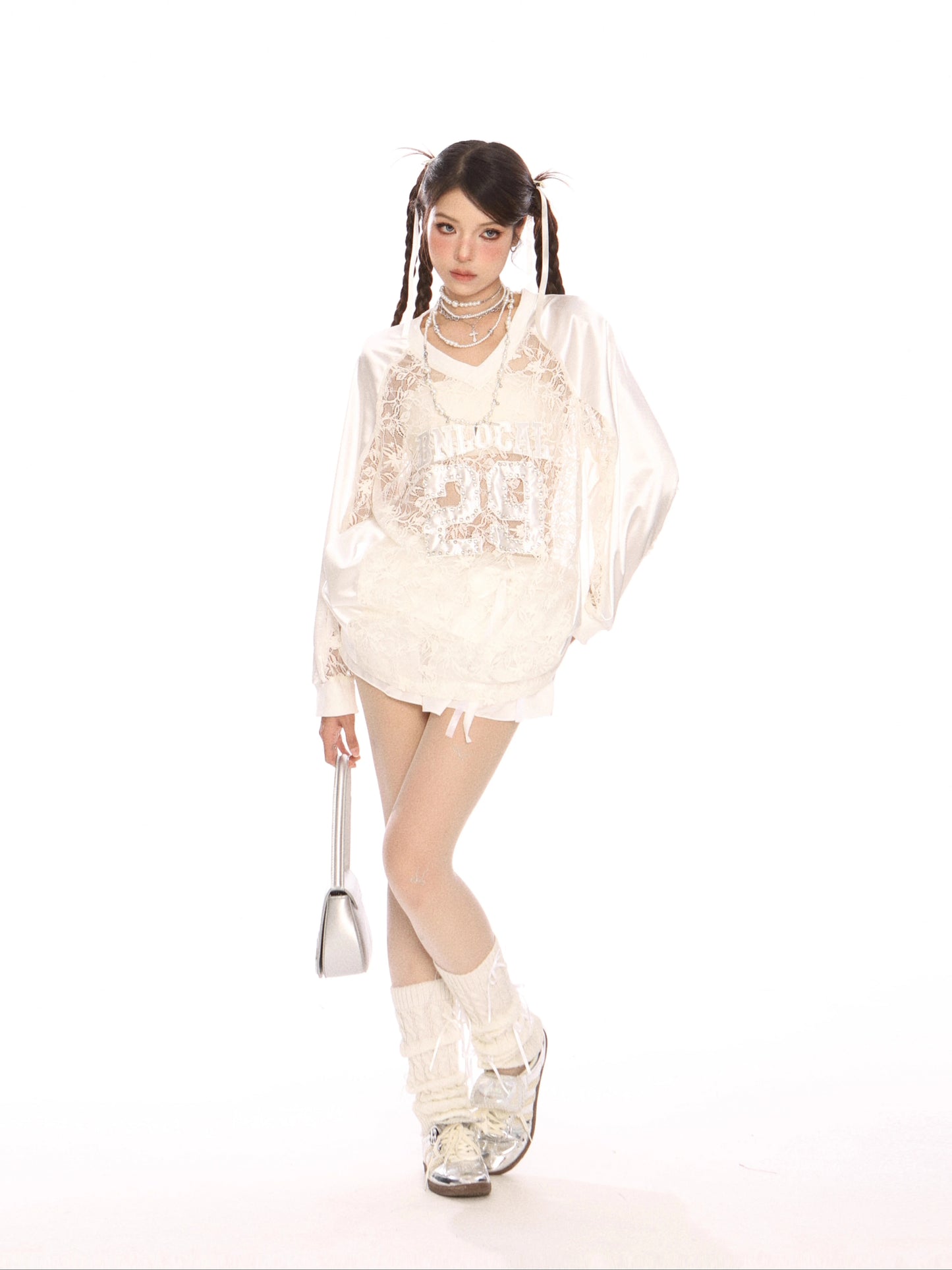 Cutout Lace V-Neck Baseball Sweatshirt