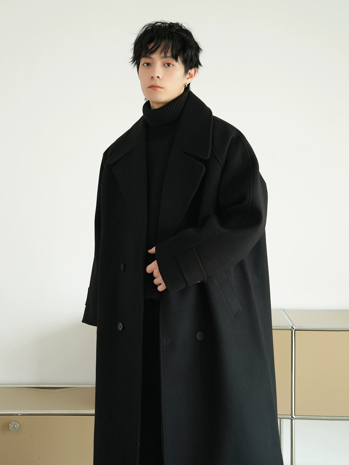 Solid Collar Lapel Woolen Winter Trench Coat