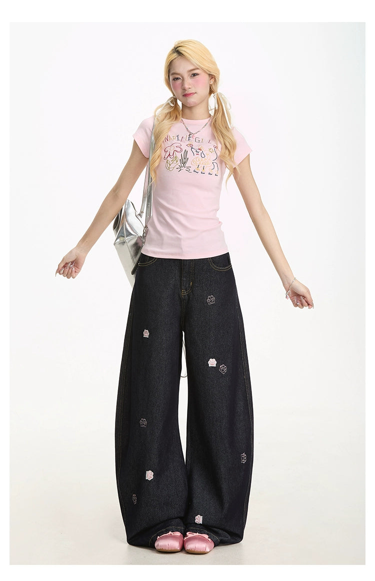 Cat's Paw Embroidered Loose Jeans