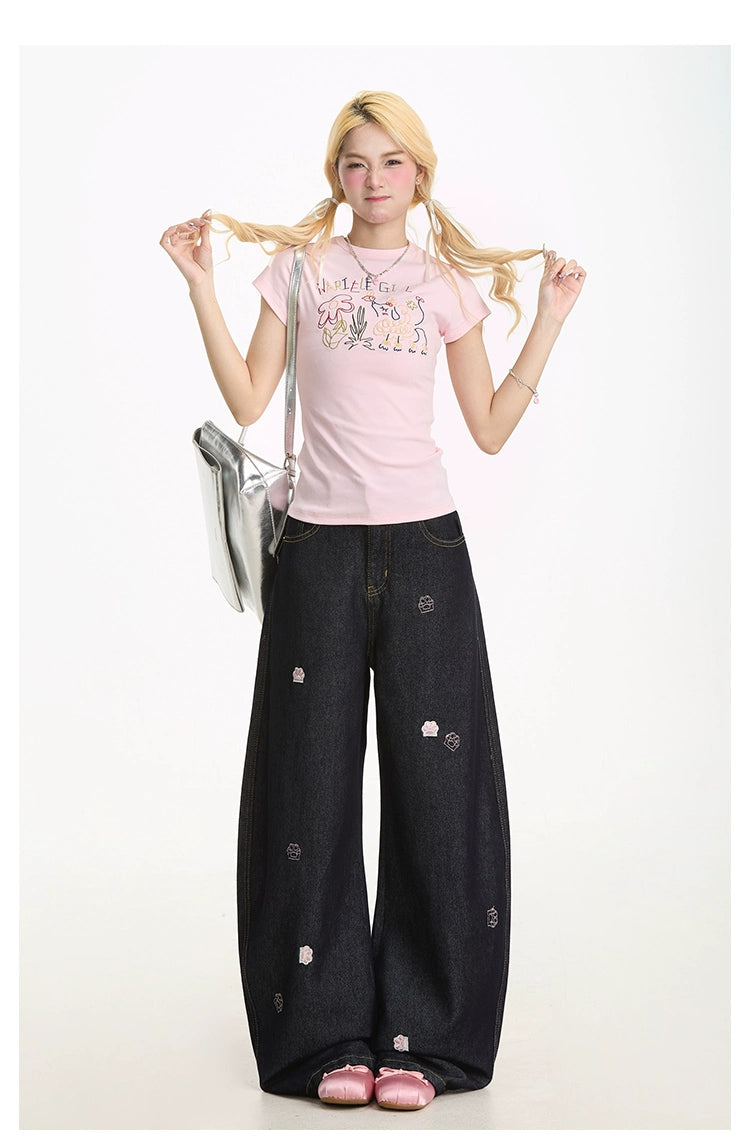 Cat's Paw Embroidered Loose Jeans