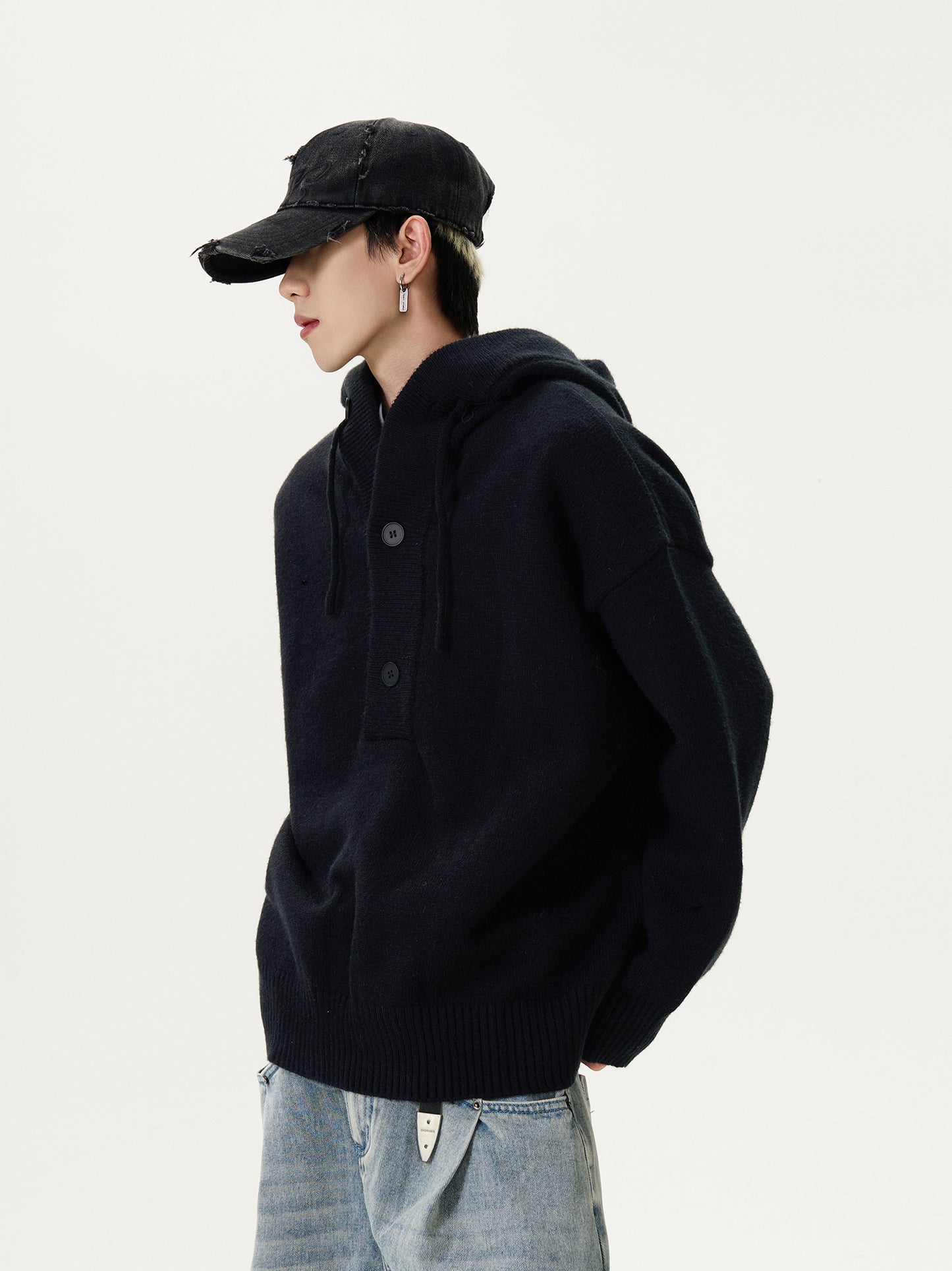 Unisex Half Cardigan Button-Down Hooded Sweater