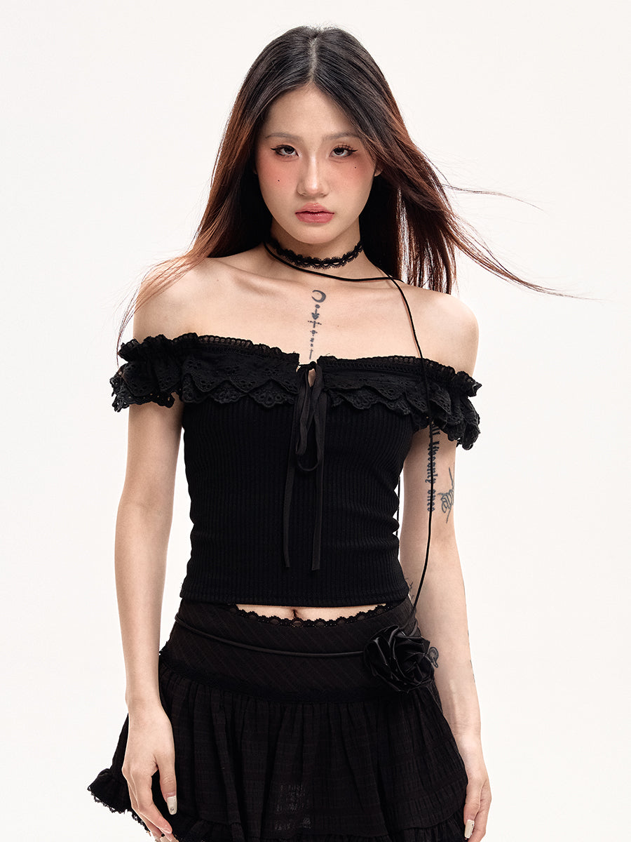 Black Straight Shoulder Short Sleeve Top