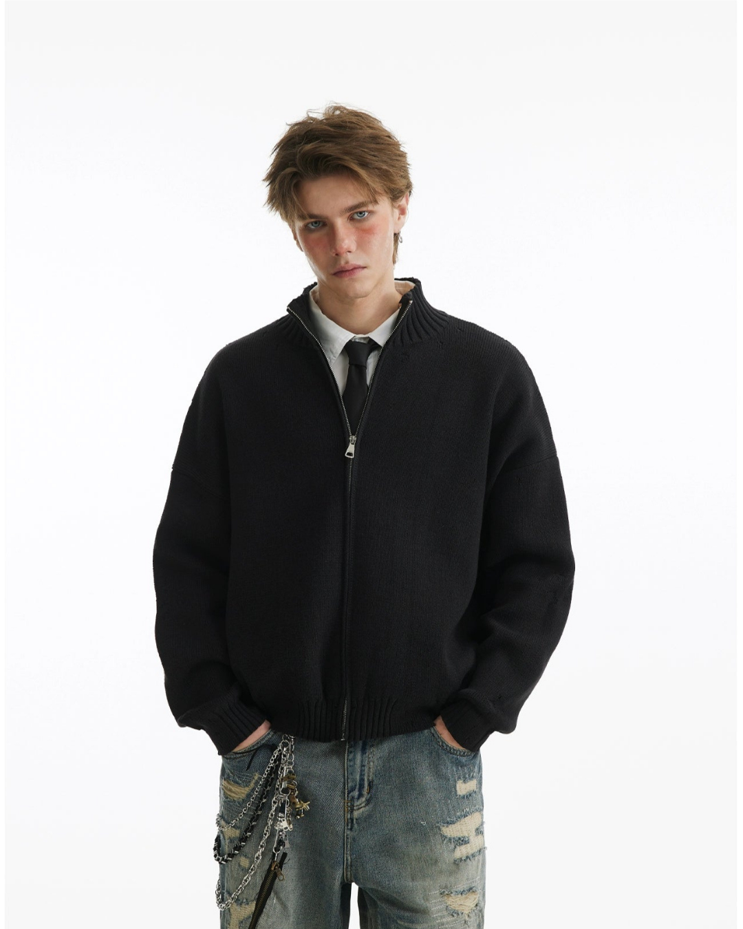 Retro Cardigan Zipper Sweater Half-Neck Knit Jacket